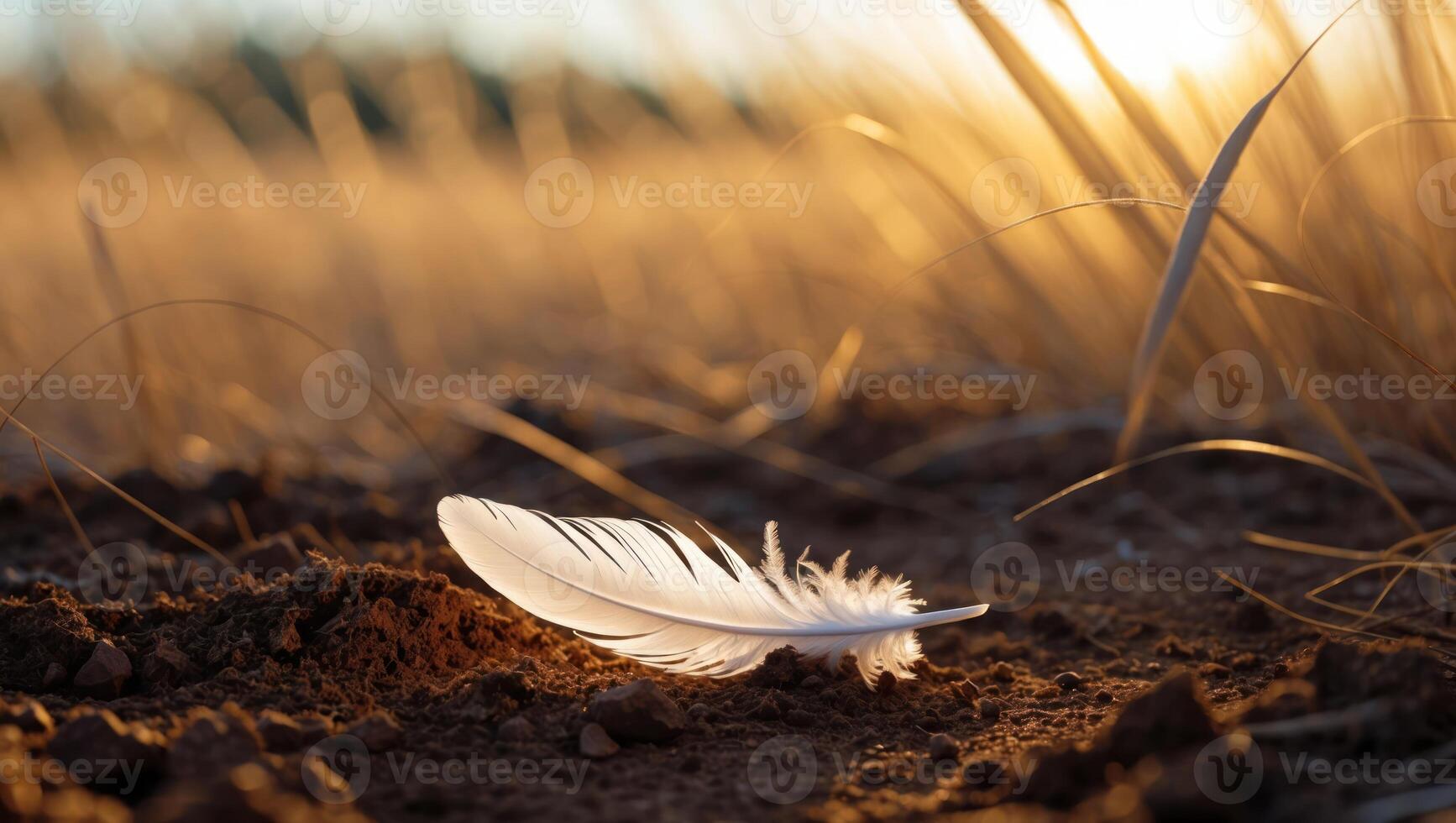 White Feather Resting on Soil in Field at Sunset Golden Hour photo