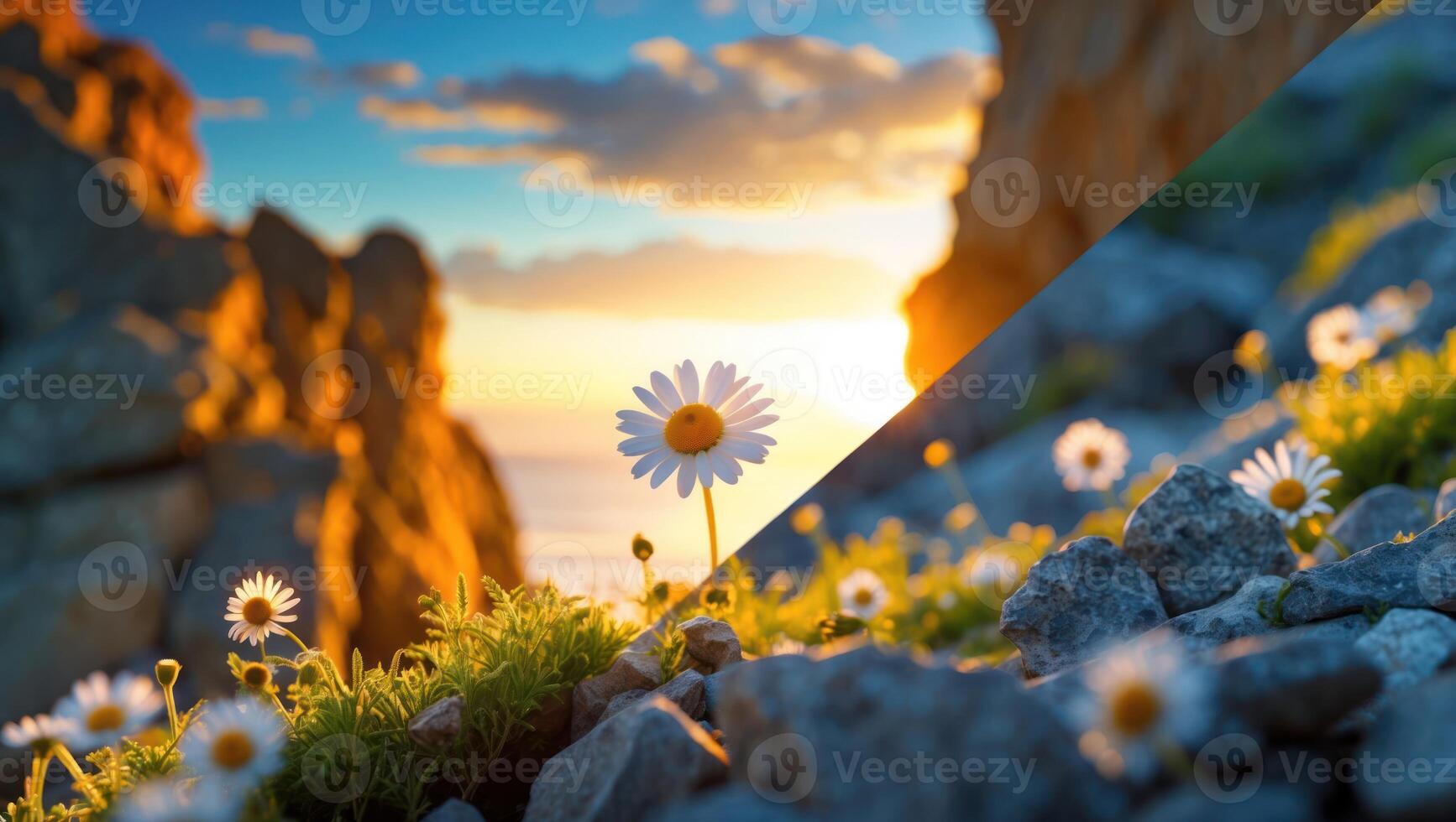 Daisy Flowers Growing Among Rocks at Golden Hour Sunlight Landscape photo