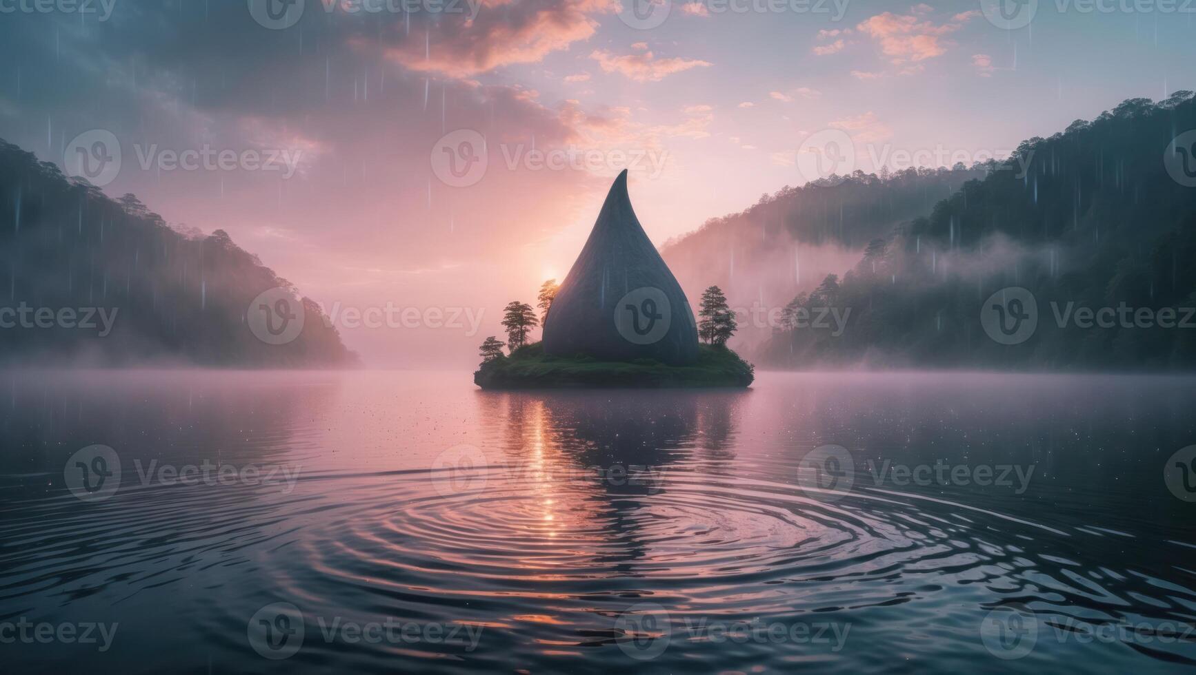 Island Lake Scenery with Unusual Mountain and Rain Reflection photo