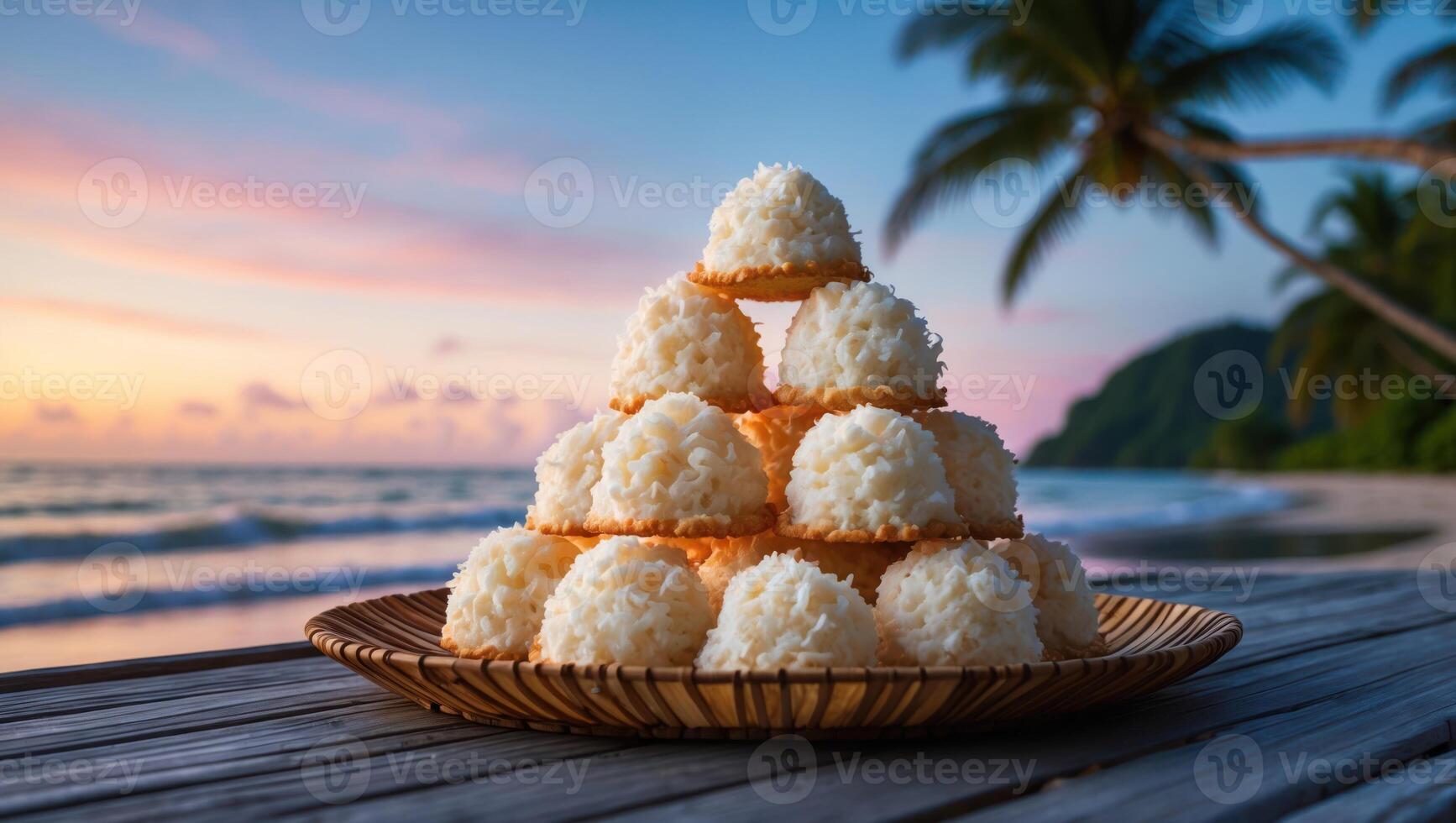 Coconut Macaroon Tower on Wicker Plate with Tropical Beach Sunset photo