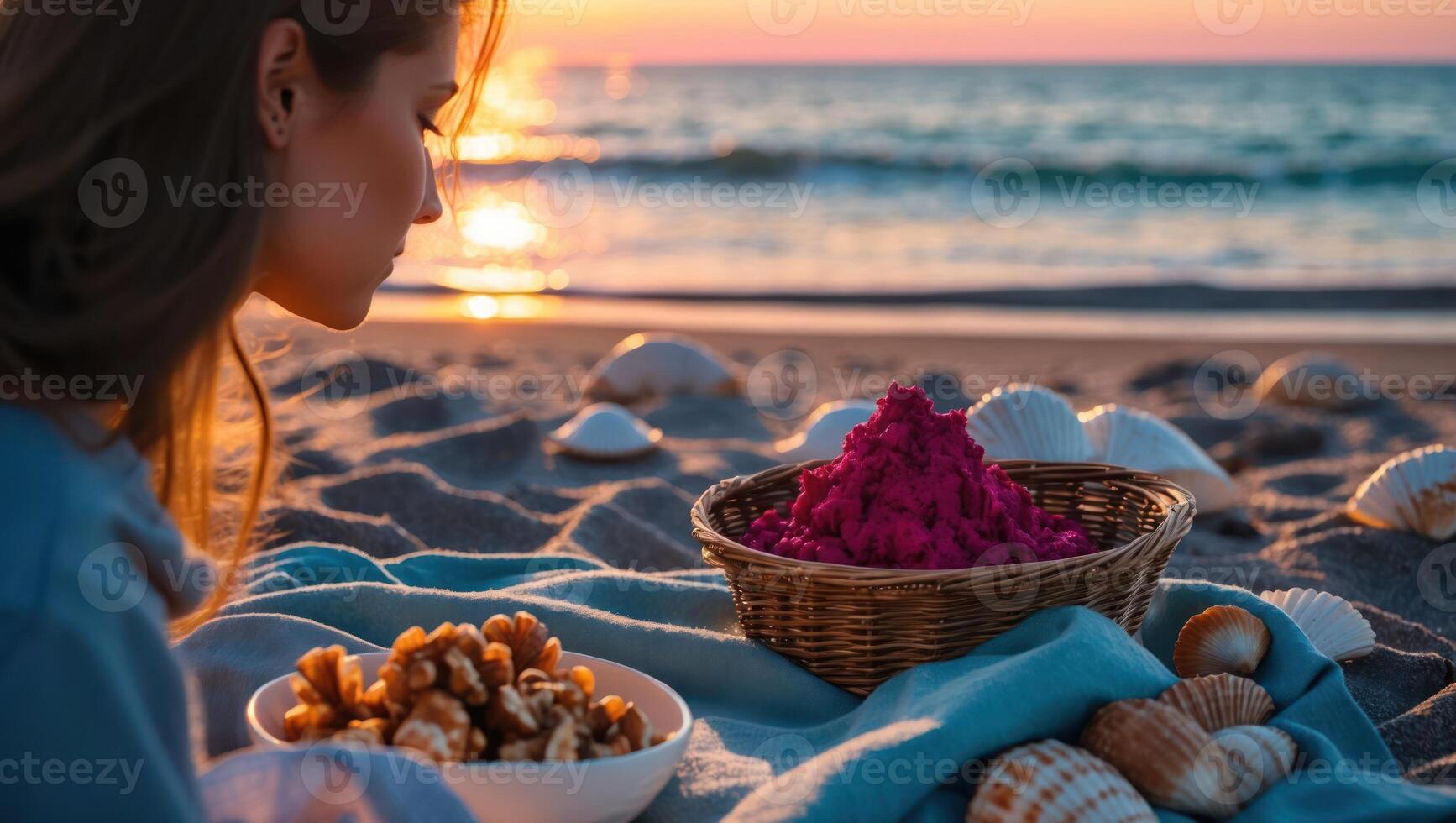 Woman Enjoying Sunset Beach Picnic with Food and Ocean View photo