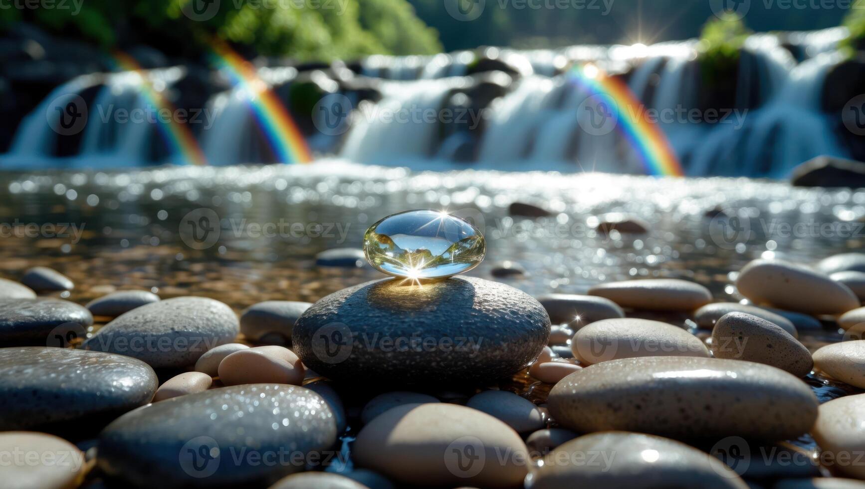 Clear Crystal on Rock at River with Waterfall and Rainbow photo