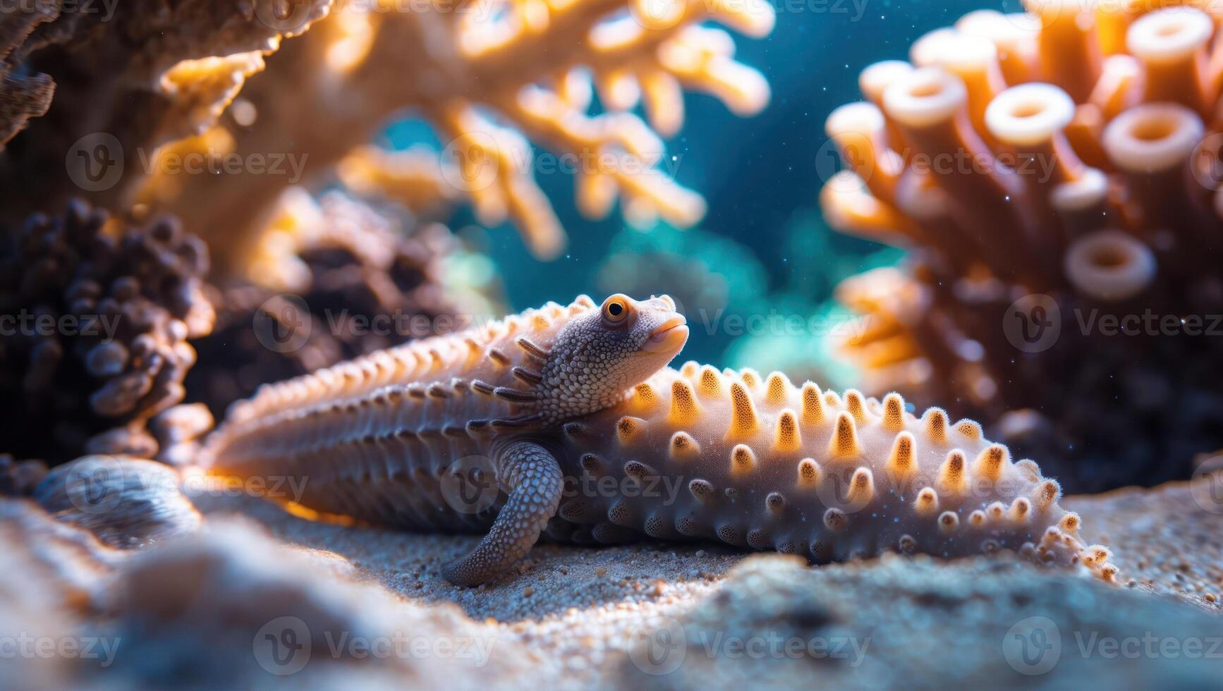 Lizard Resting on a Sea Cucumber in a Coral Reef Setting photo