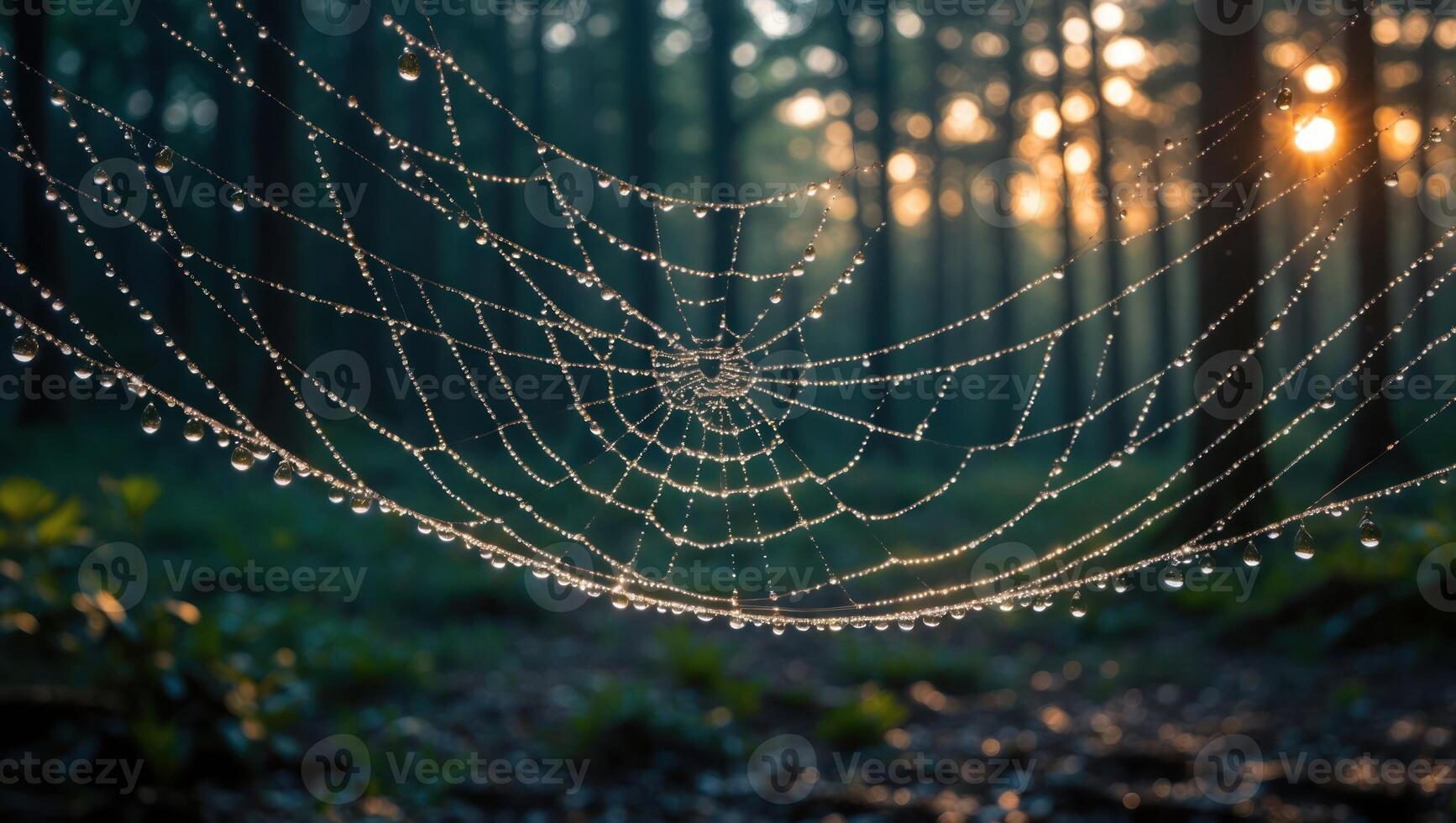Spiderweb with Dew Drops Glowing in Forest at Sunset photo