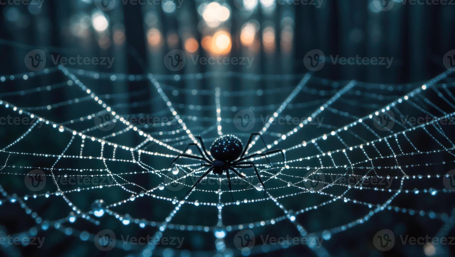 Spider on Dew Covered Web in Forest with Bokeh Background photo