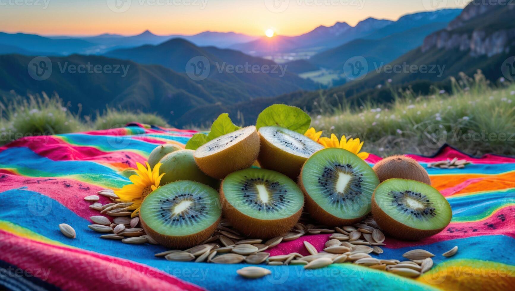 Kiwi Fruit Displayed on a Colorful Blanket with Mountain View photo