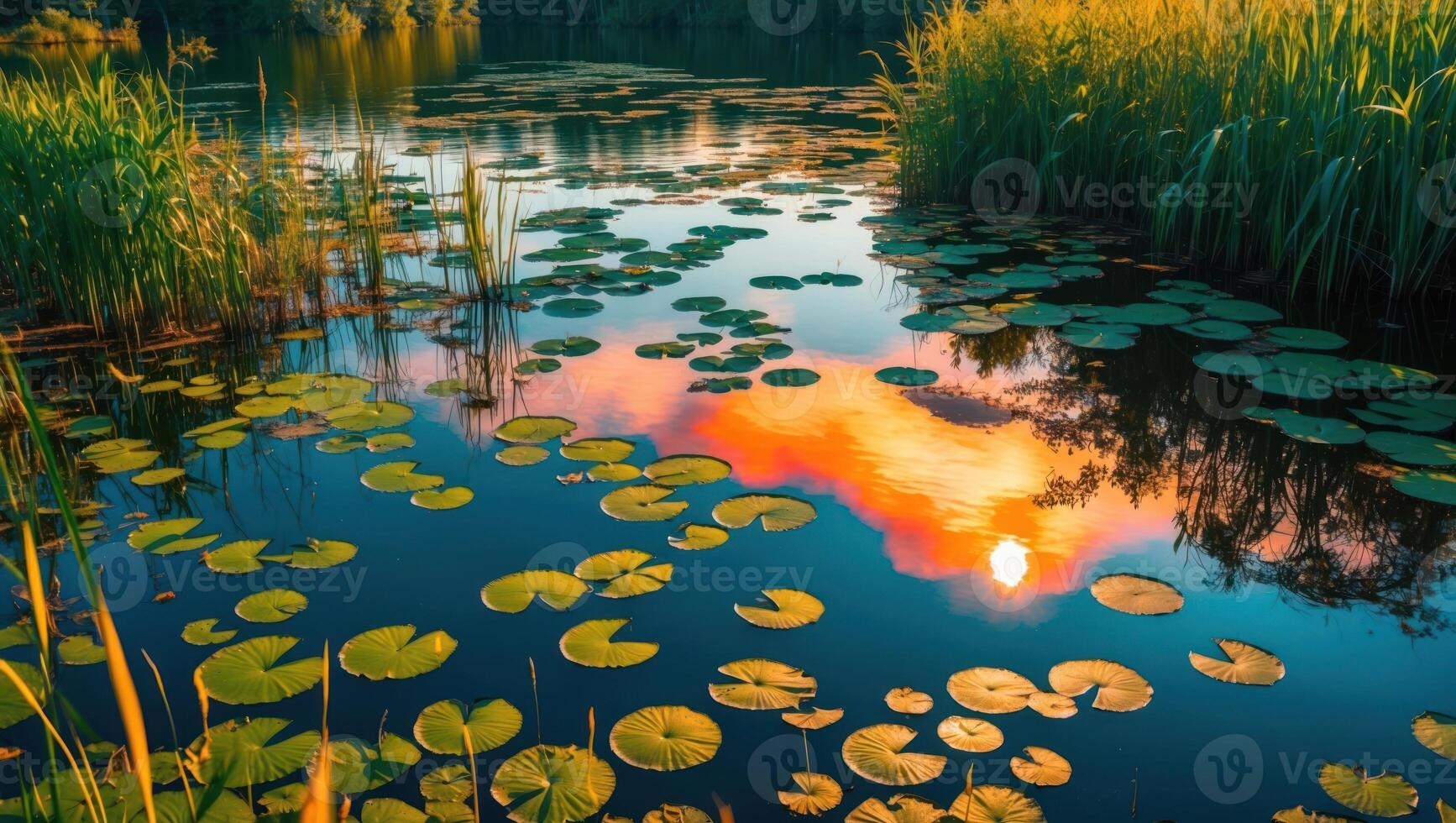 Lily Pads Floating on Pond Water Reflecting the Sunset Sky photo