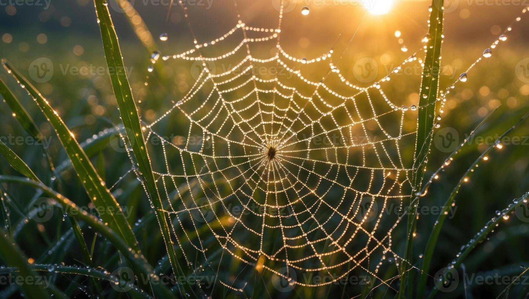 Spiderweb Shines with Dew Drops in Golden Morning Light photo