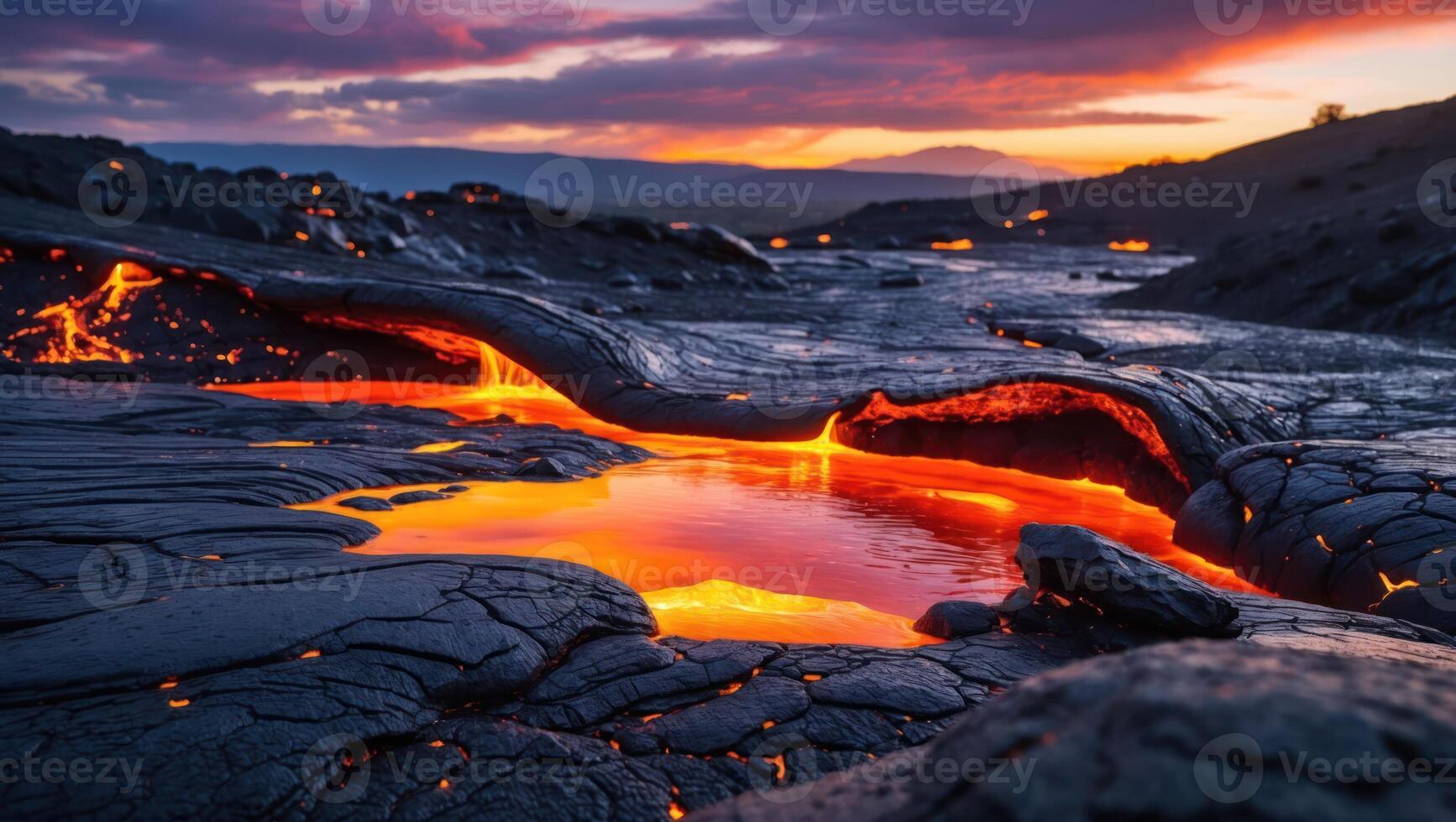 Flowing Lava Stream Landscape at Sunset with Dramatic Sky Colors photo