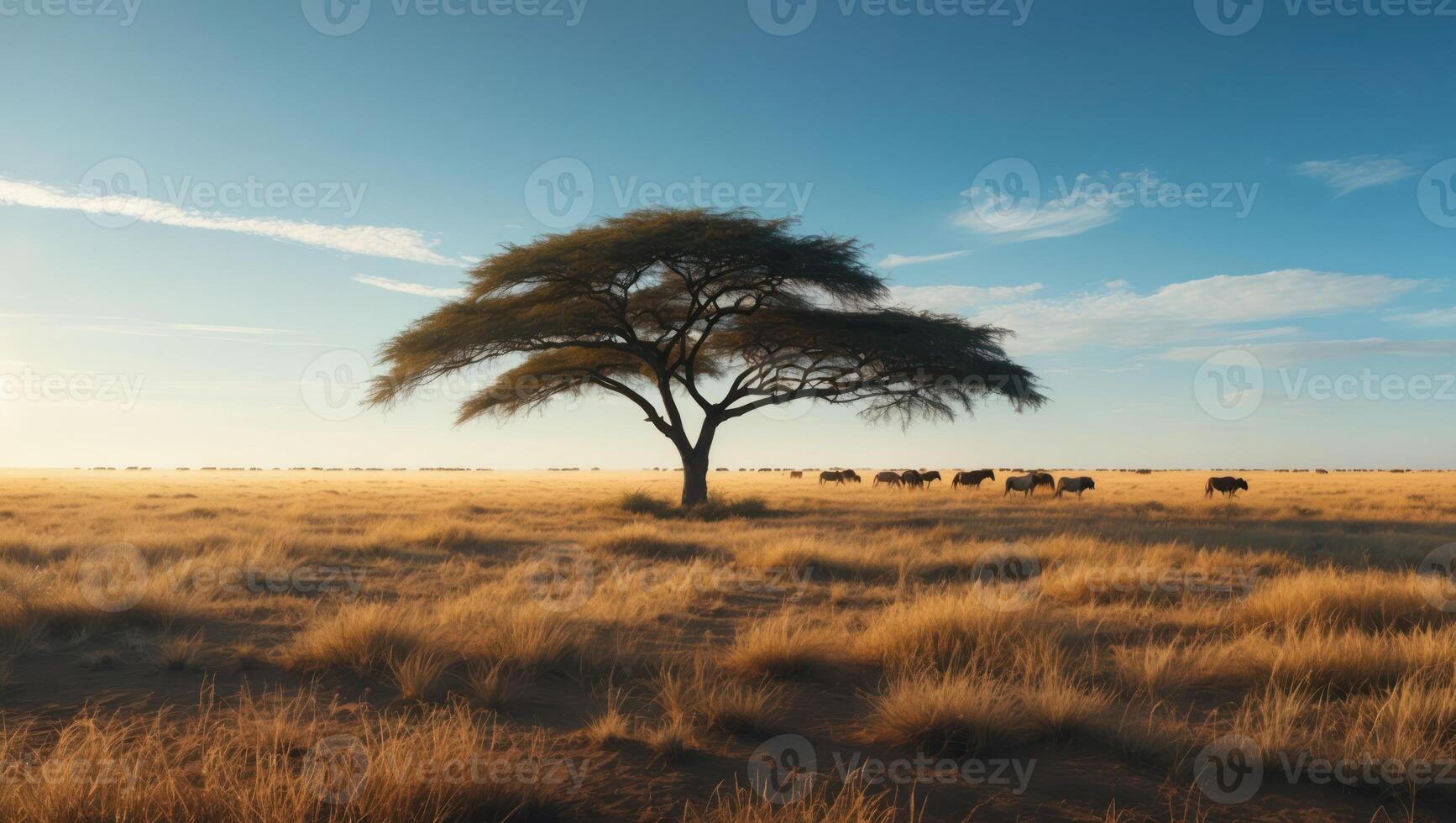 Lonely Tree Standing in African Savannah at Sunrise with Grazing Animals photo