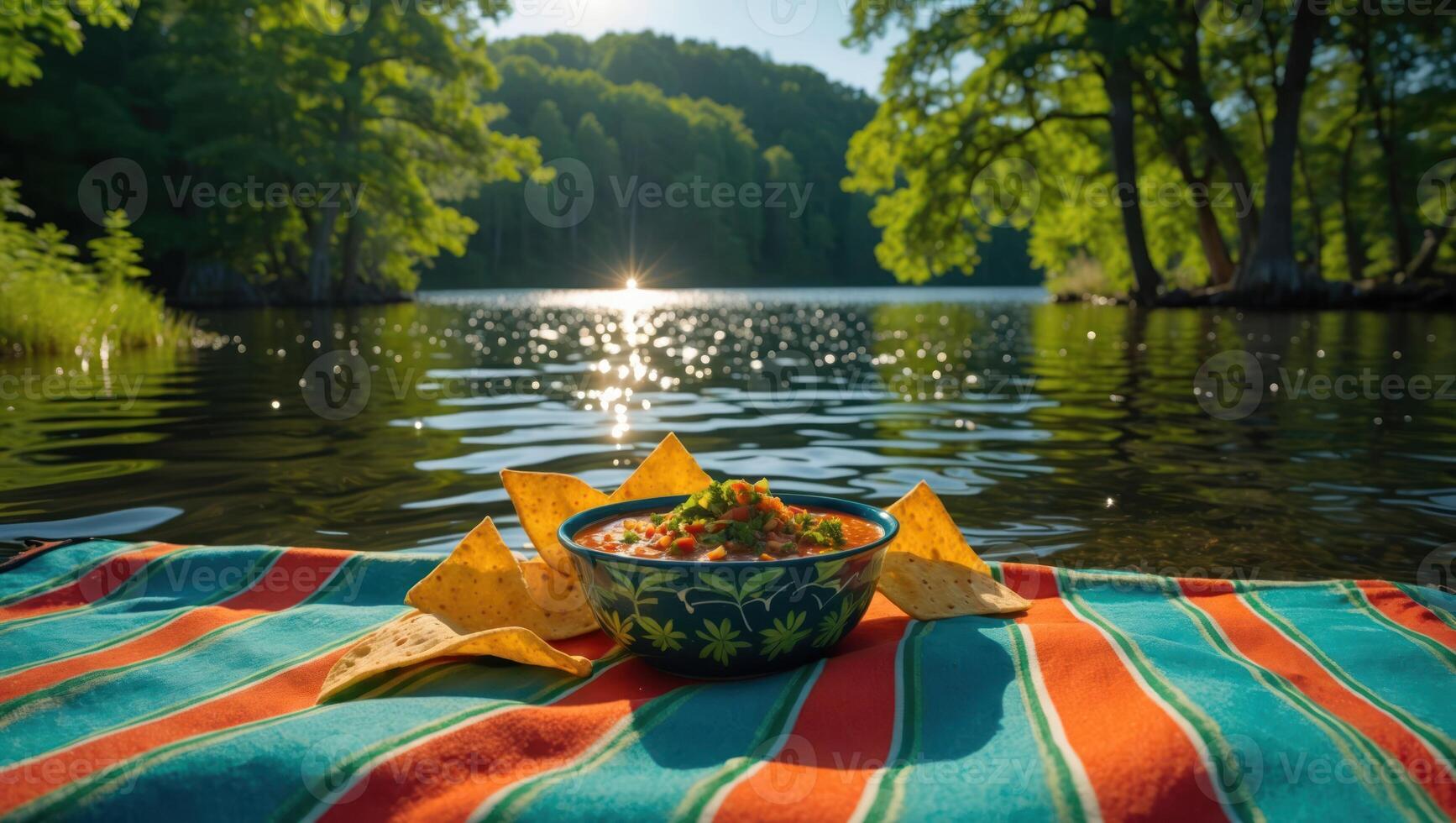 Relaxing Lakeside Snack with Salsa and Chips on Colorful Blanket photo