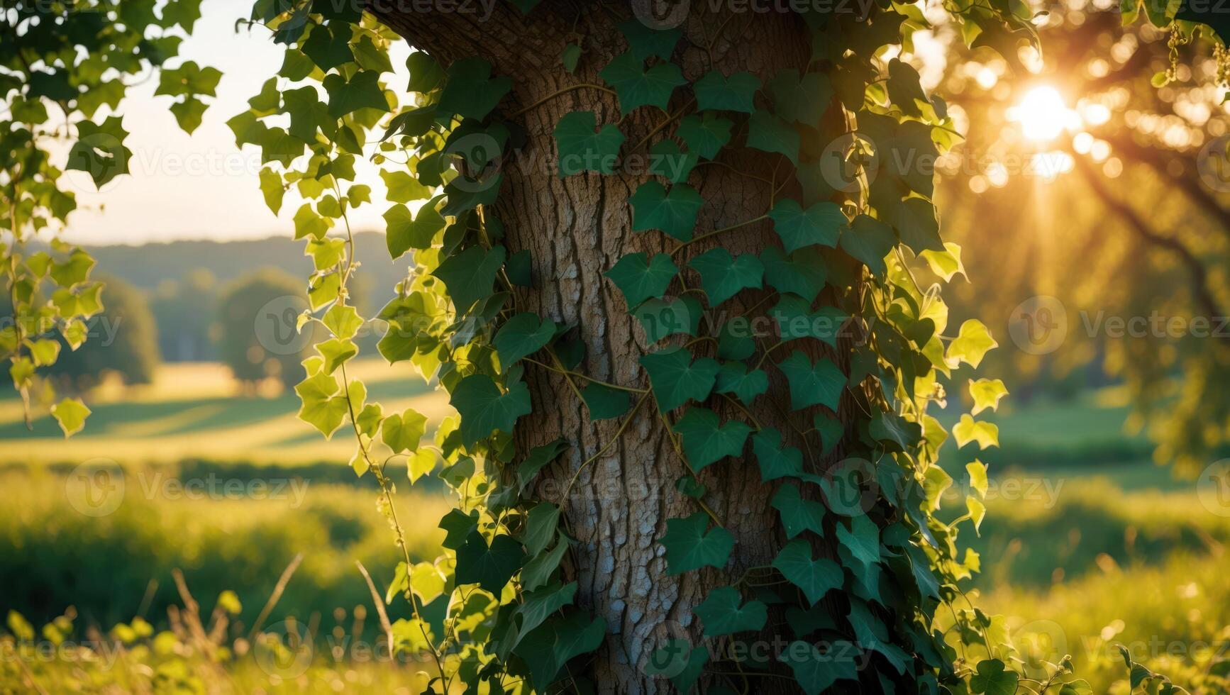 Tree Trunk Covered in Ivy with Sunlight Filtering Through Foliage photo