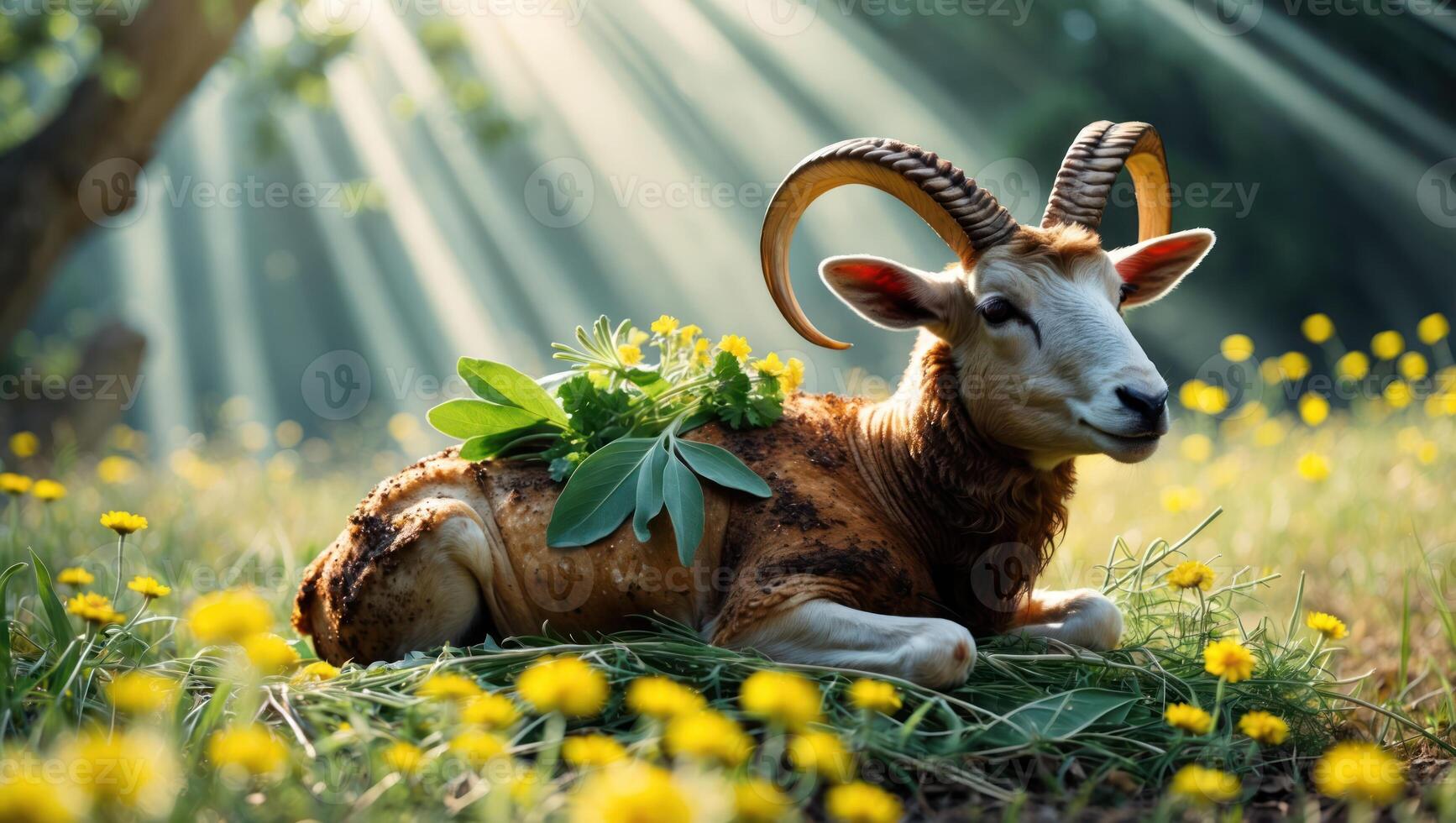 Ram Resting in Meadow with Sun Rays and Yellow Wildflowers photo
