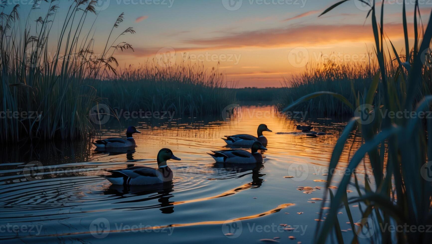 Ducks Swimming on Calm River During Golden Hour with Tall Grass photo