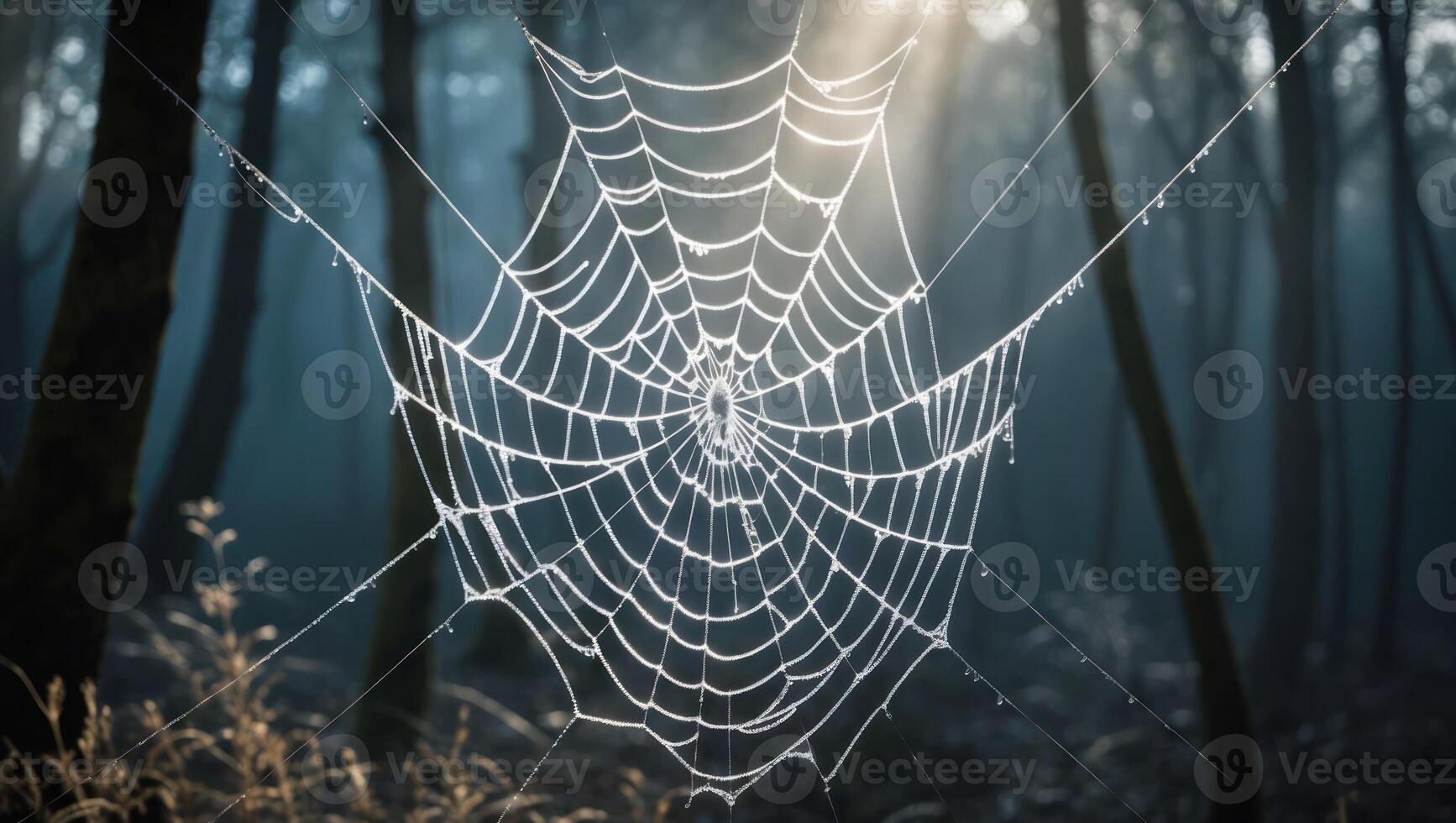 Spiderweb in Forest with Morning Dew and Sunlight Shining Through photo