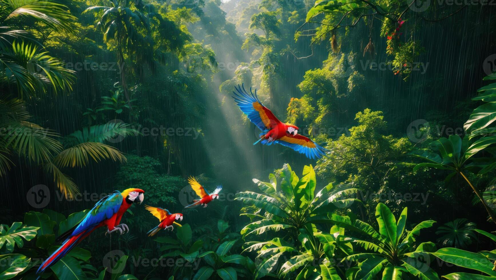 Macaw Parrots Flying Through Tropical Rainforest with Sunbeams photo
