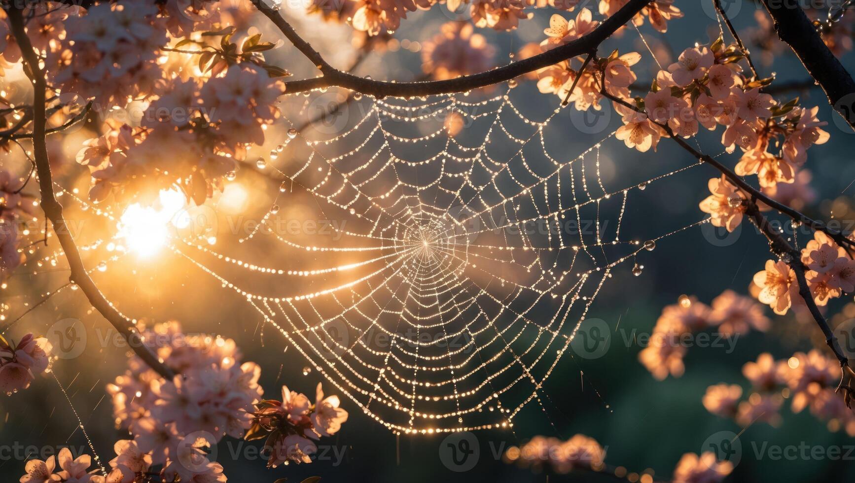 Spiderweb Shines with Dewdrops Among Blossoms in Warm Sunlight photo