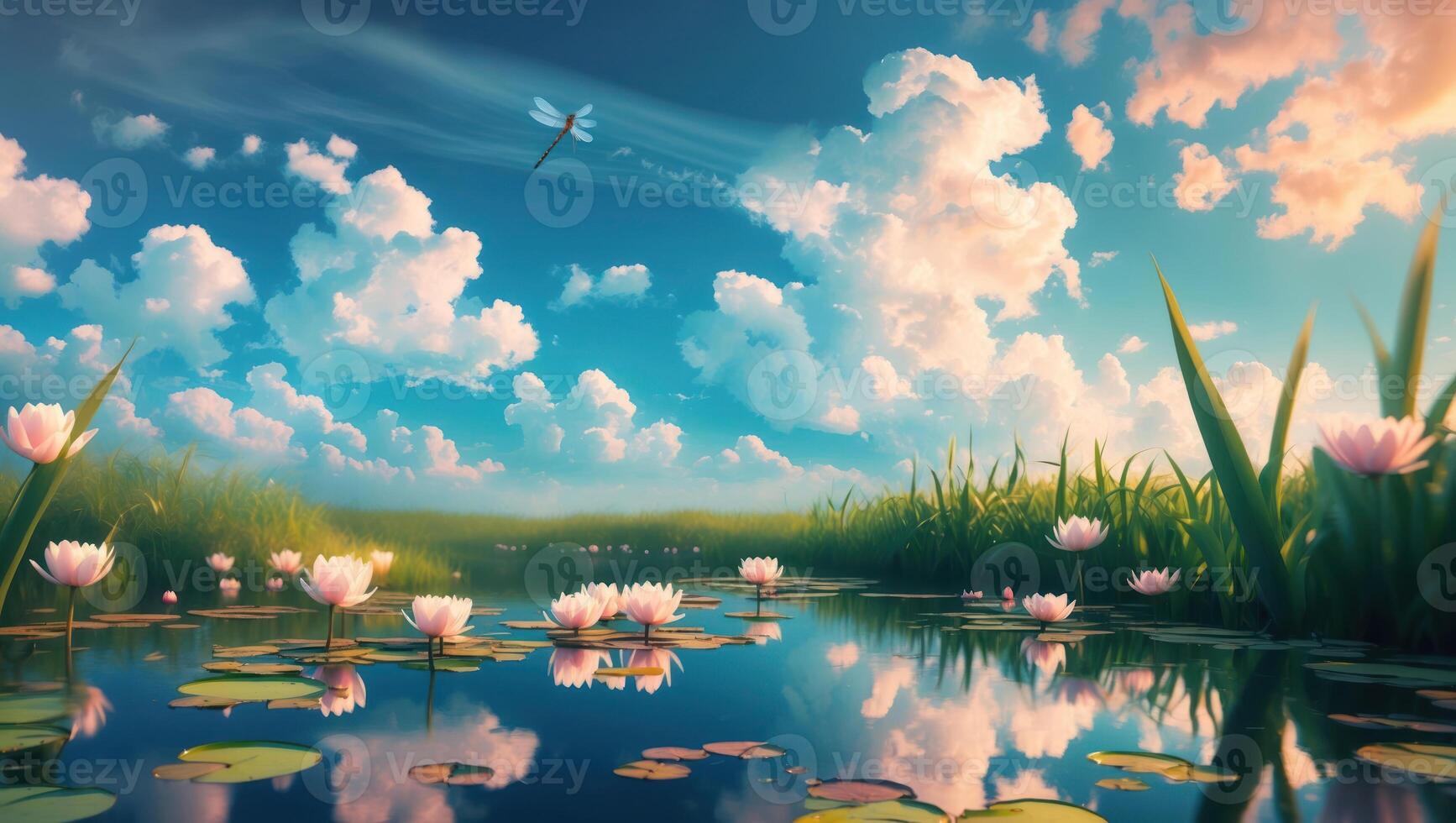 Lily Pads Floating on Calm Water Reflecting the Sky and Clouds photo