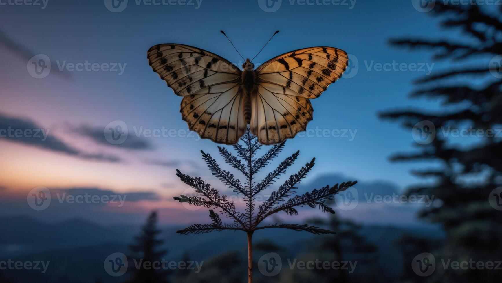 Butterfly Resting on a Leaf Against Dusk Sky and Forest photo