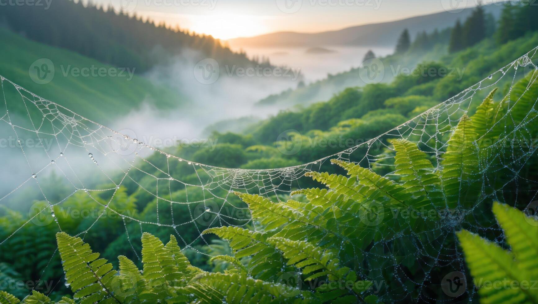 Spiderweb with Dewdrops Over Ferns in Foggy Forest Valley Sunrise photo