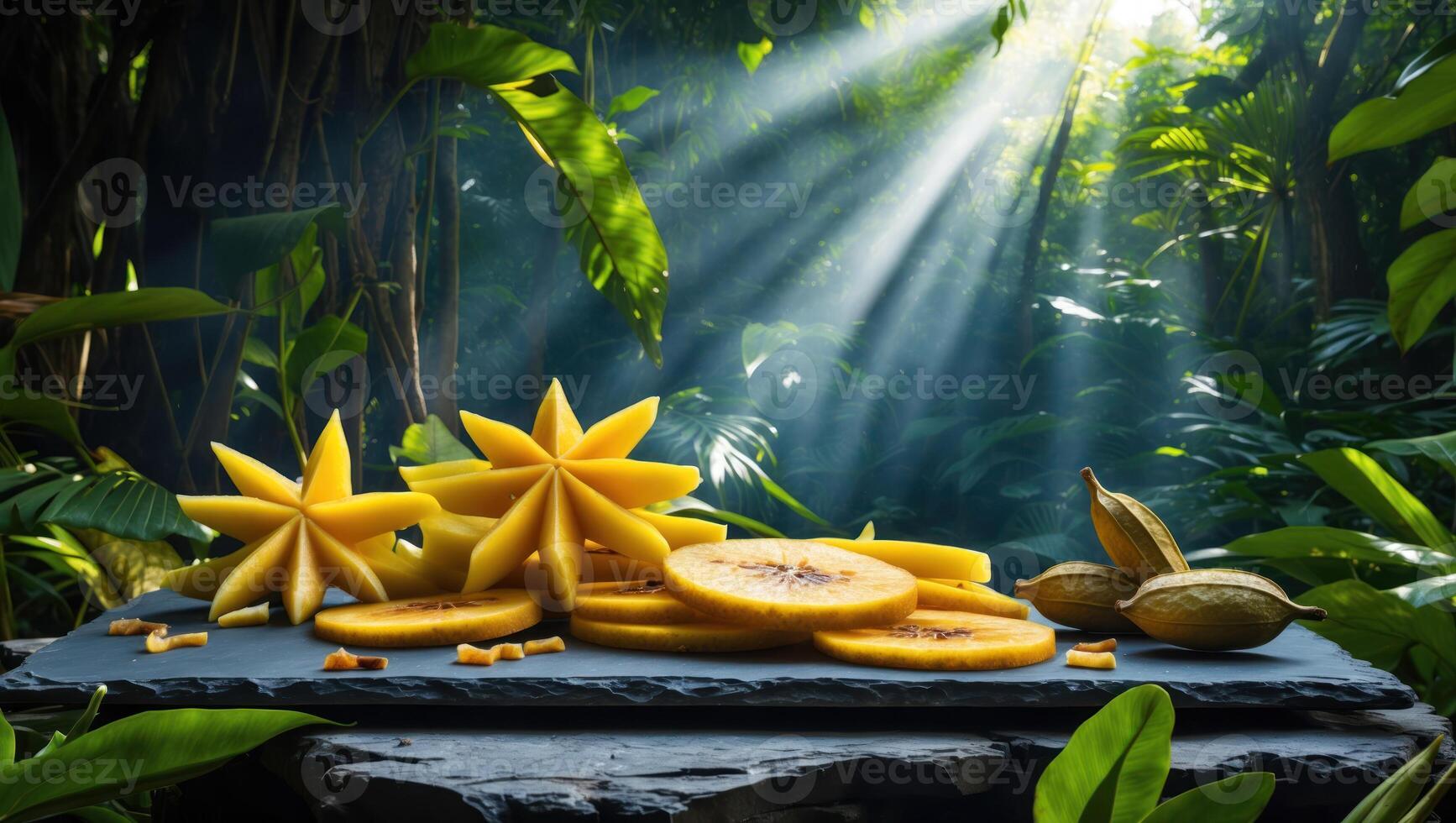 Star Fruit Slices on Slate in a Tropical Jungle Setting photo