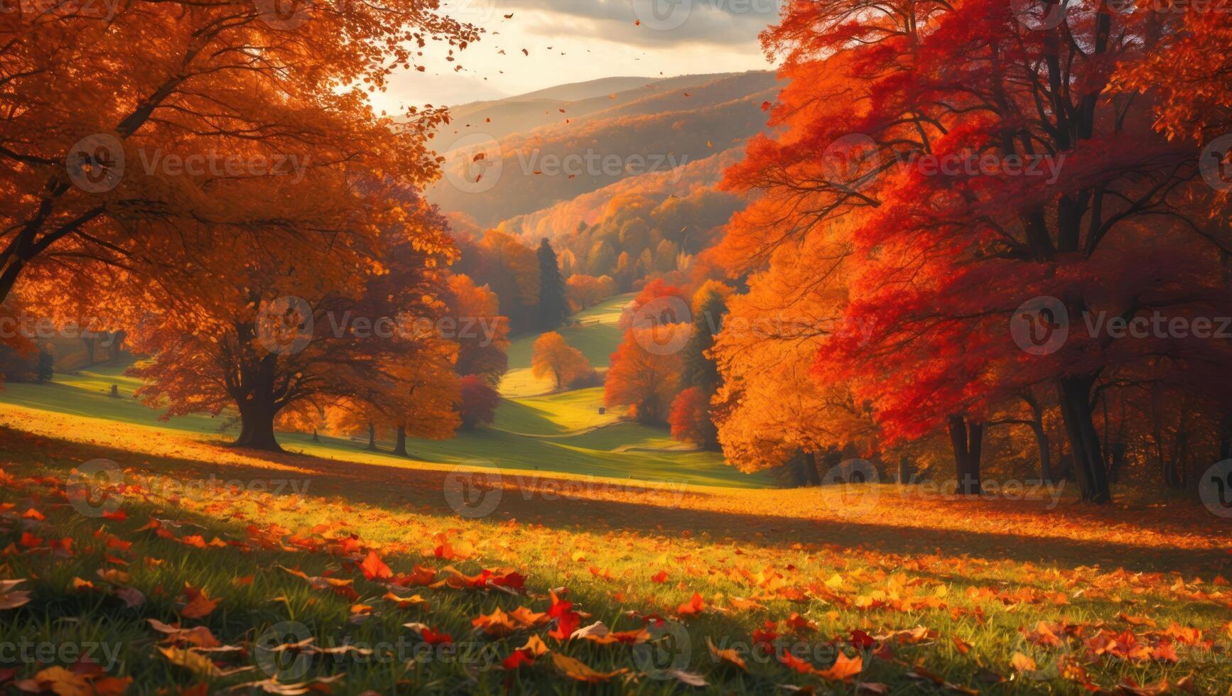 Scenic Autumn Landscape with Colorful Trees and Falling Leaves photo