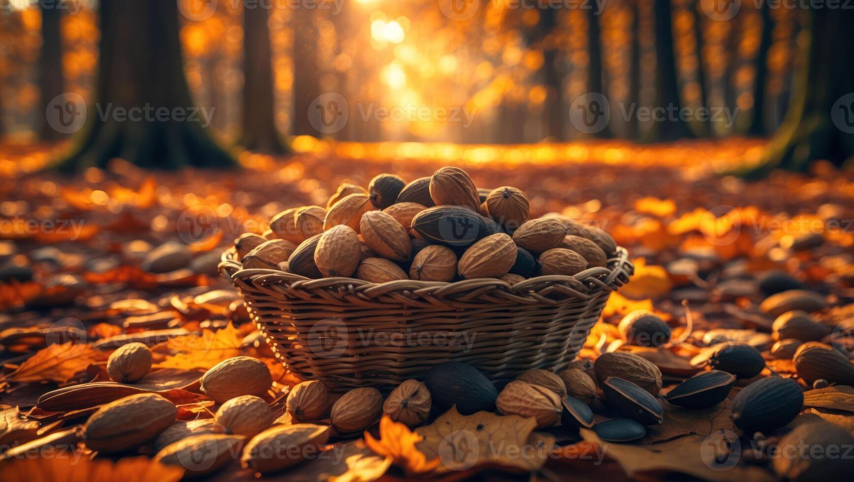 Basket of Nuts in Autumn Forest with Fall Leaves and Sunlight photo