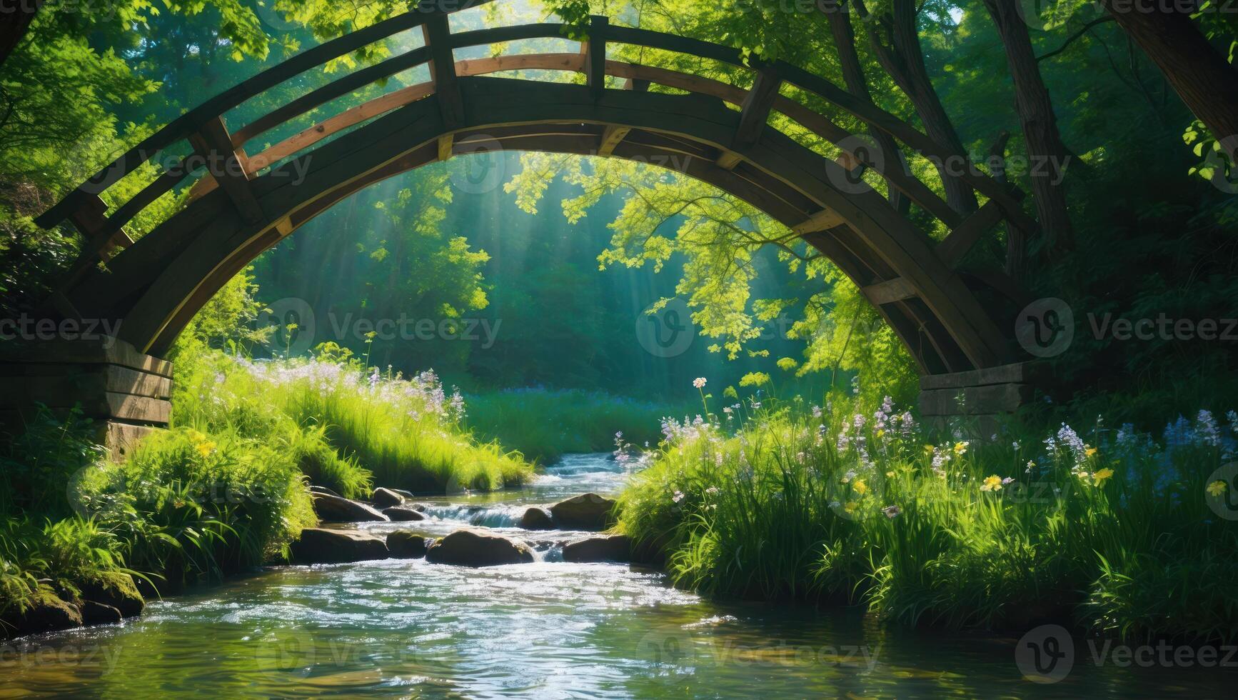 Wooden Bridge Over Flowing Stream in Green Forest with Sunlight photo