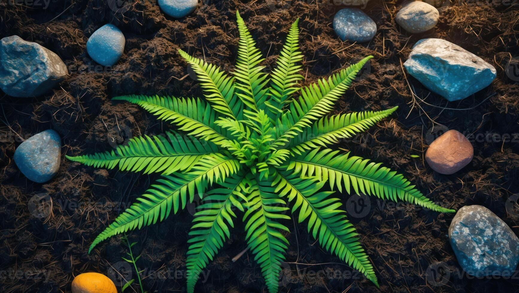 Growing Fern Plant Surrounded by Smooth Stones on Dark Soil photo