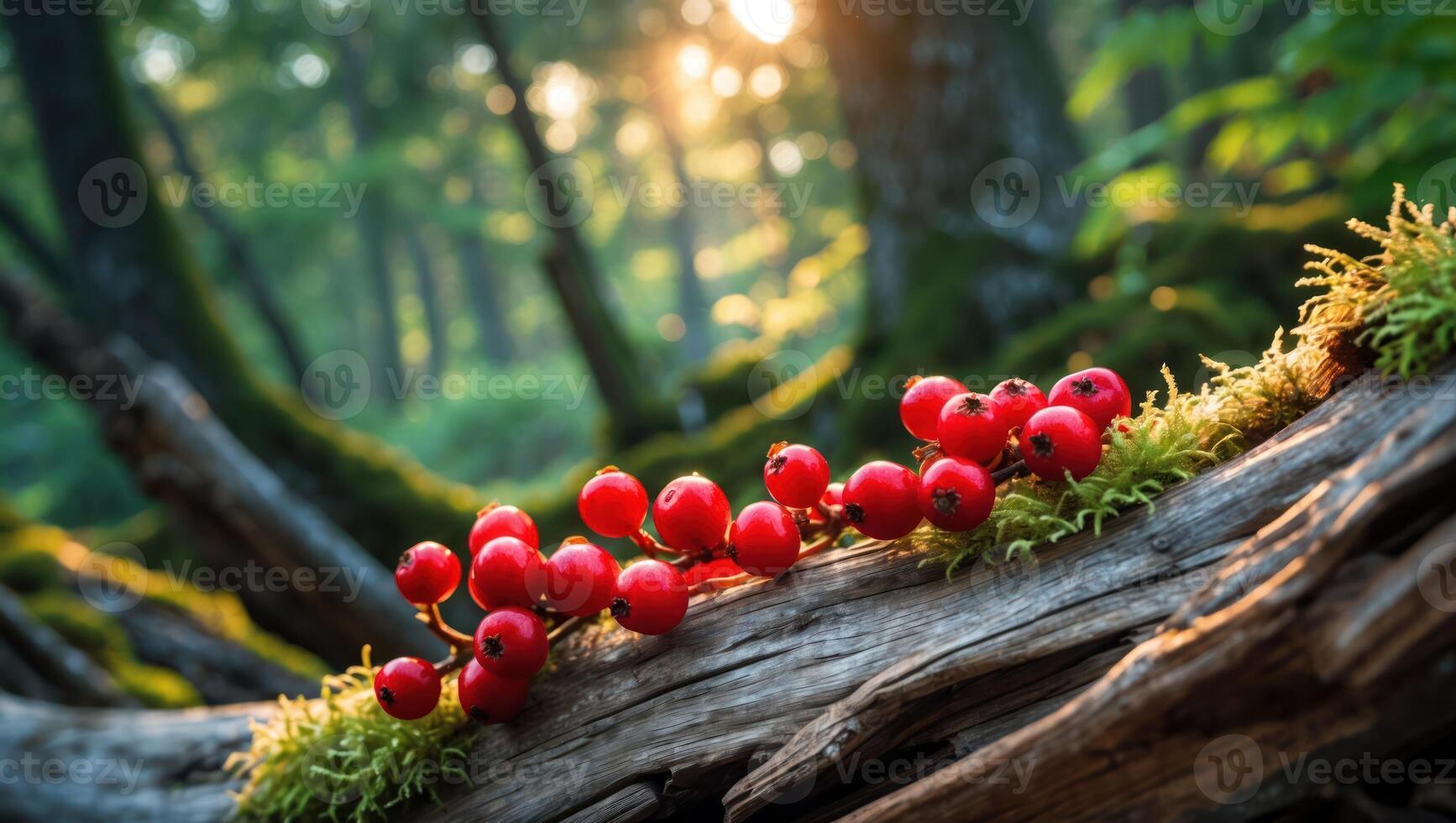 Red Berries and Moss on Log in Forest with Sunlight photo