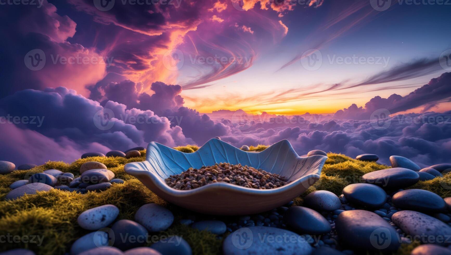 Grains in Leaf Shaped Bowl Against Colorful Cloudscape Background photo