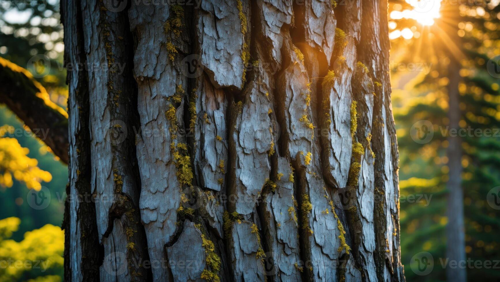 Tree Bark Texture Close-up with Moss and Forest Sunlight photo