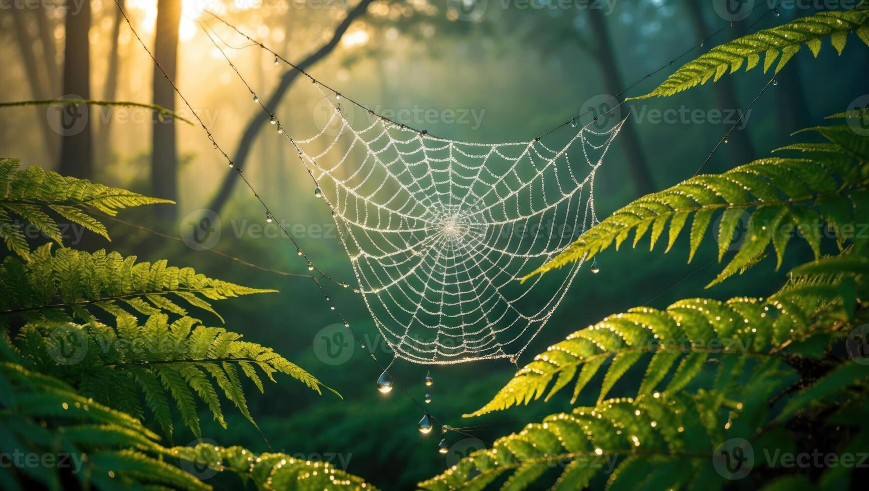 Spiderweb with Dew Drops Hanging in Forest with Sunlight photo