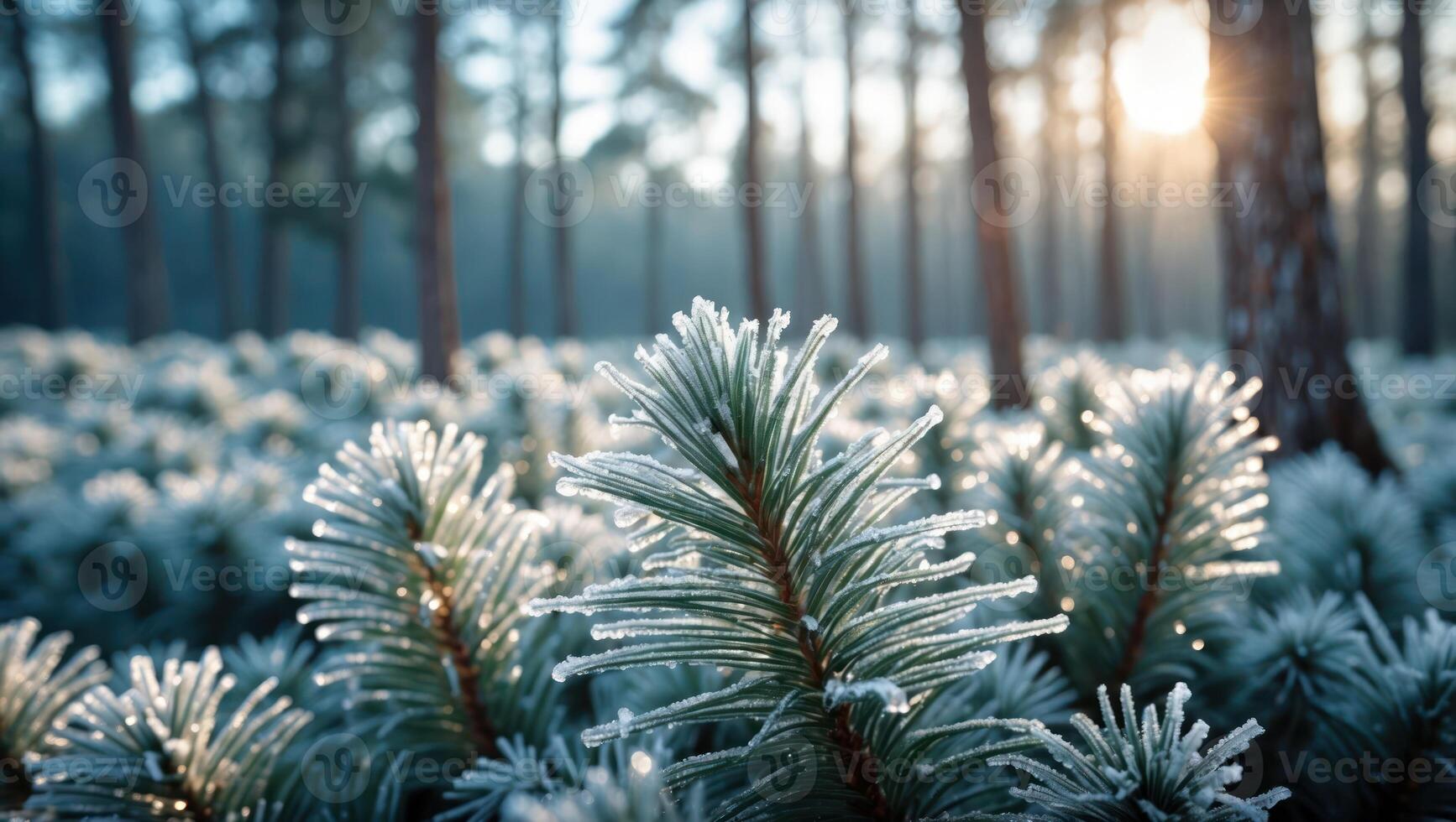 Frosty Pine Branches Glisten in Winter Sunlight Within Misty Forest photo