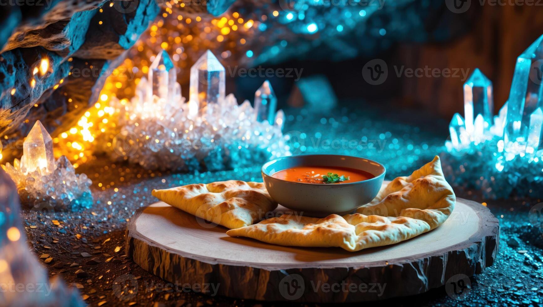 Tomato Soup with Flatbread on Wood in a Grotto Setting photo