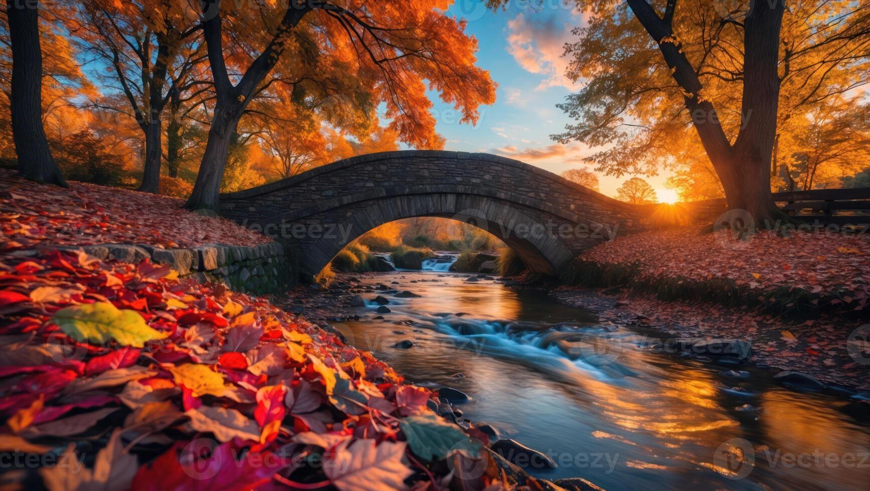 Stone Bridge Over River Flowing Through Forest with Autumn Leaves photo