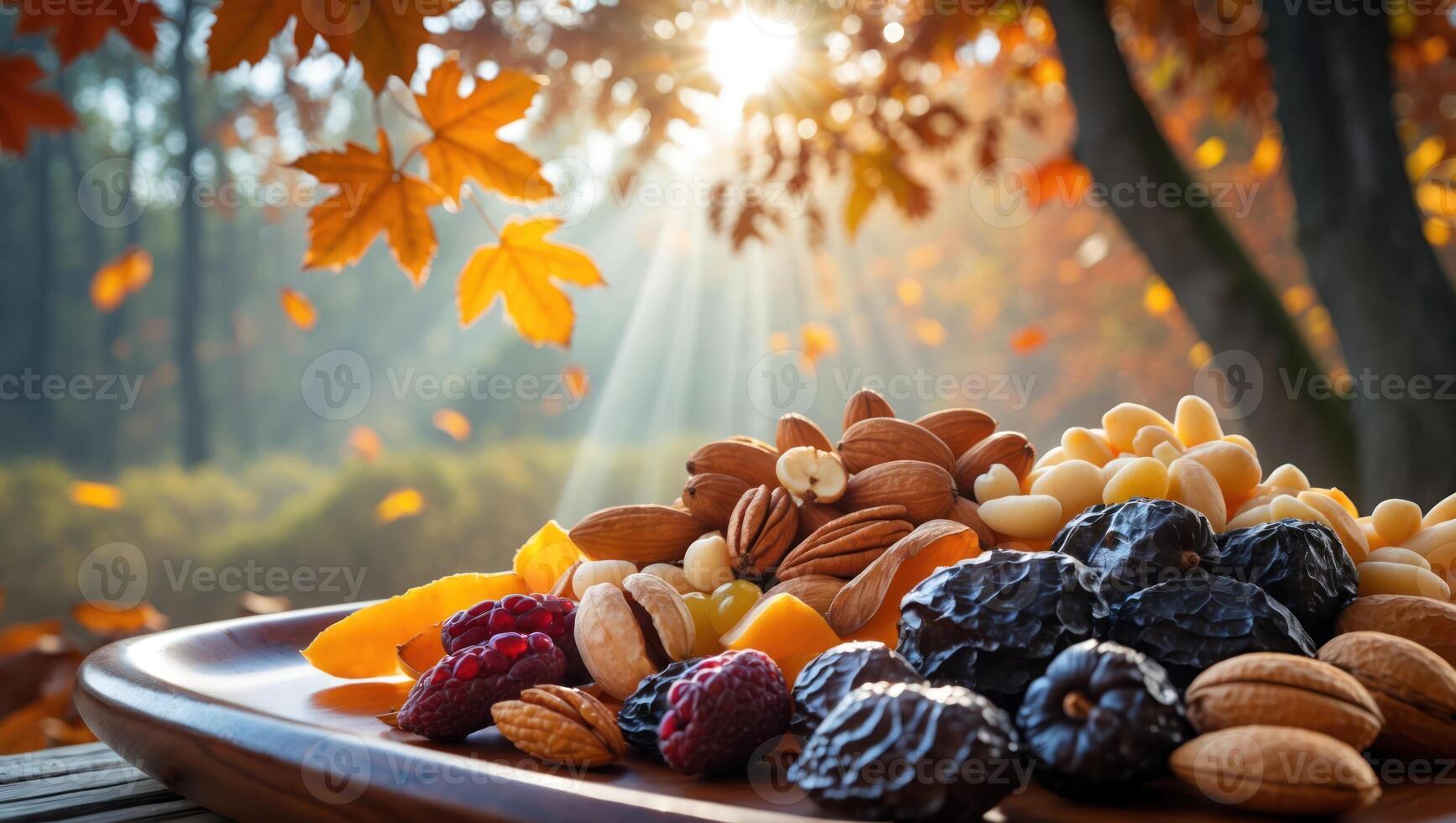 Assorted Nuts and Dried Fruits on Wooden Plate in Autumn Setting photo