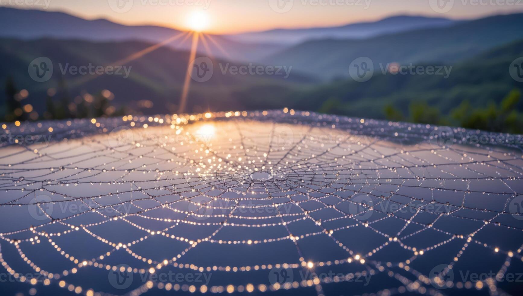 Spiderweb Covered in Dew Drops with Mountain Sunrise in Background photo