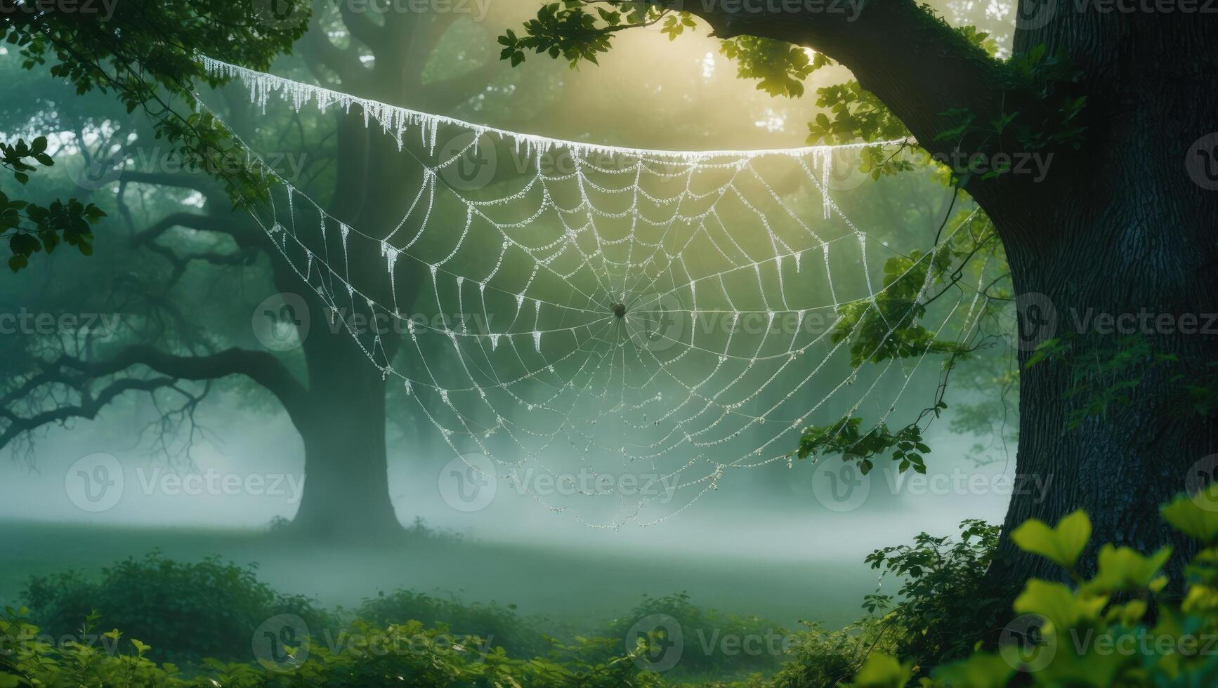 Spiderweb Covered in Dew in a Misty Forest at Sunrise photo