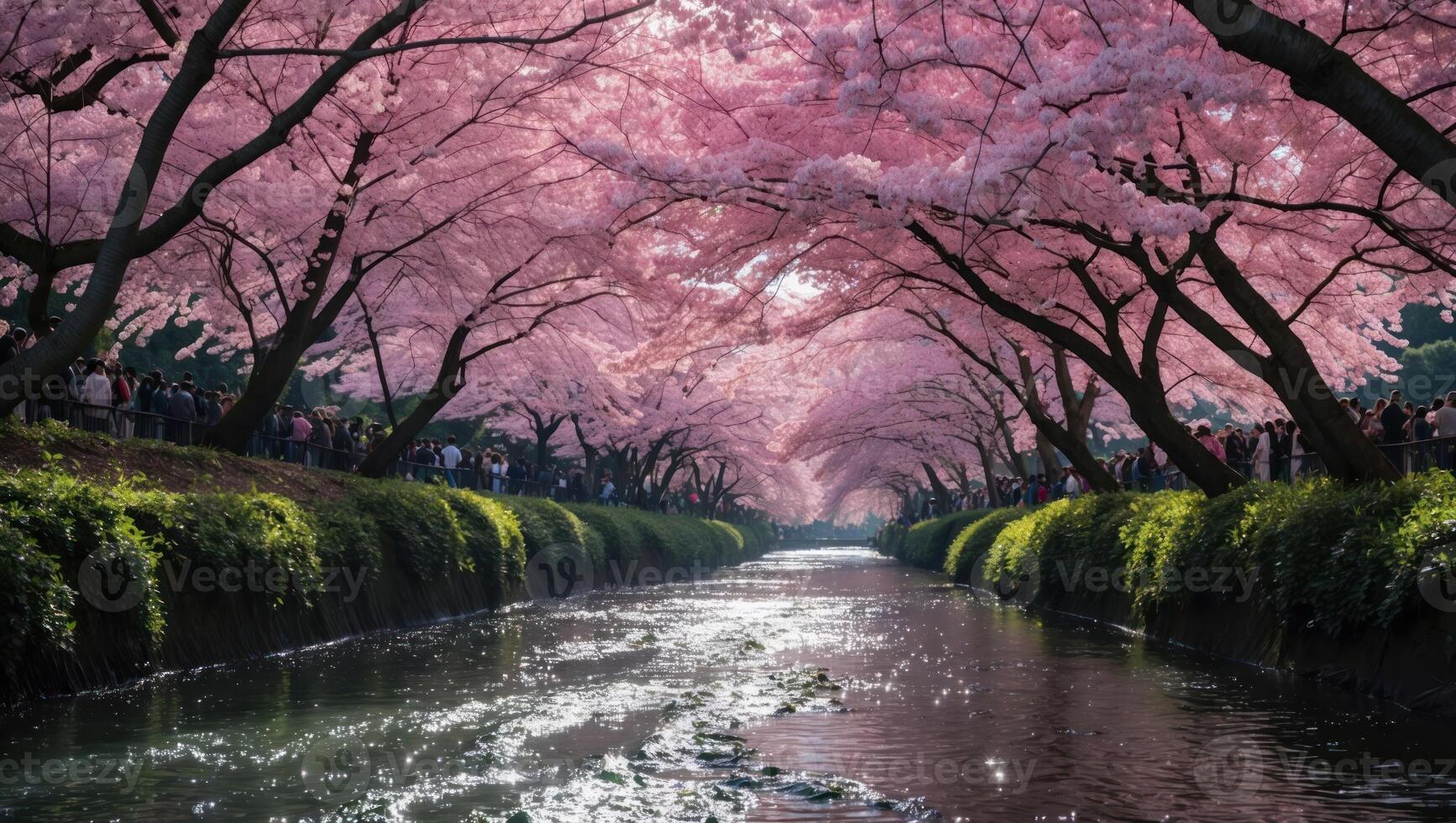 Blossoming Cherry Trees Canopy Over Flowing River in Spring photo