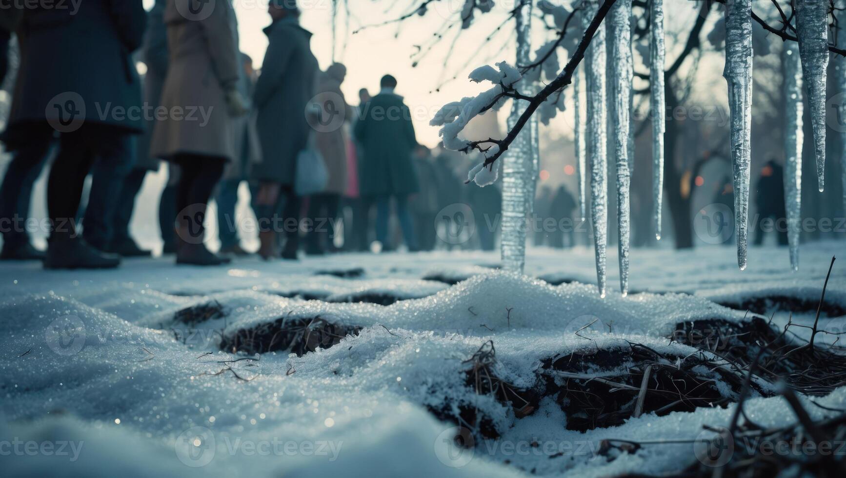 People Walking in Snow with Icicles Hanging From Branches in Winter photo