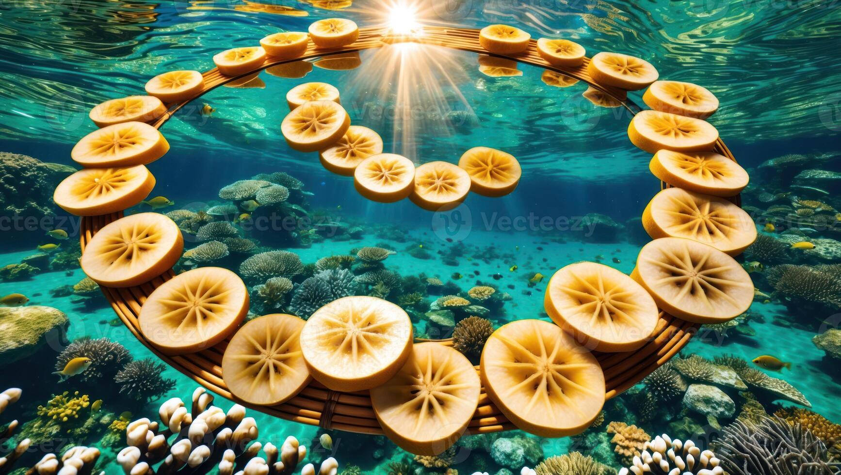 Floating Fruit Slices Arranged in a Circle Above a Coral Reef photo