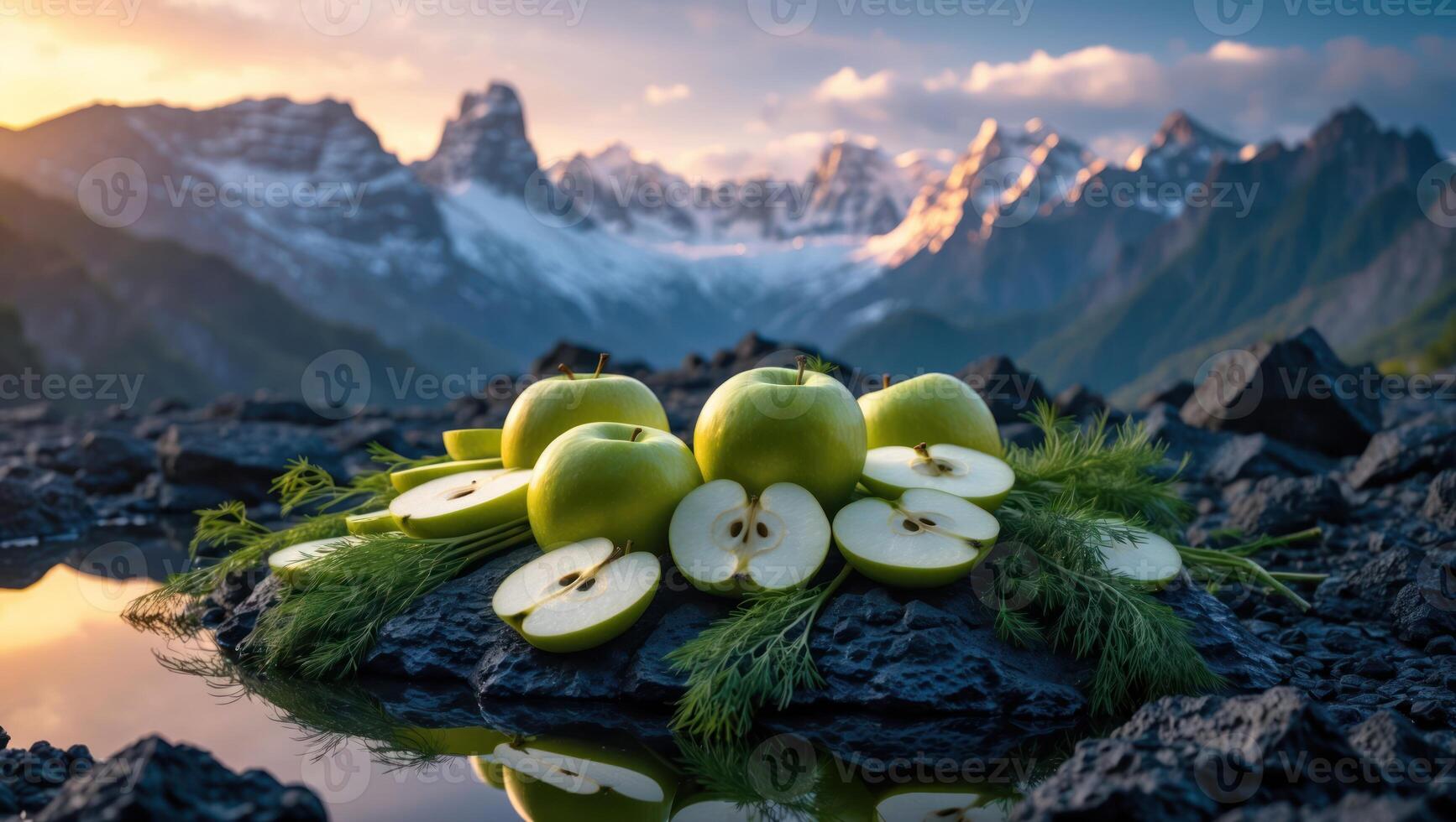 Fresh Green Apples with Snowy Mountains Landscape on Black Stone photo