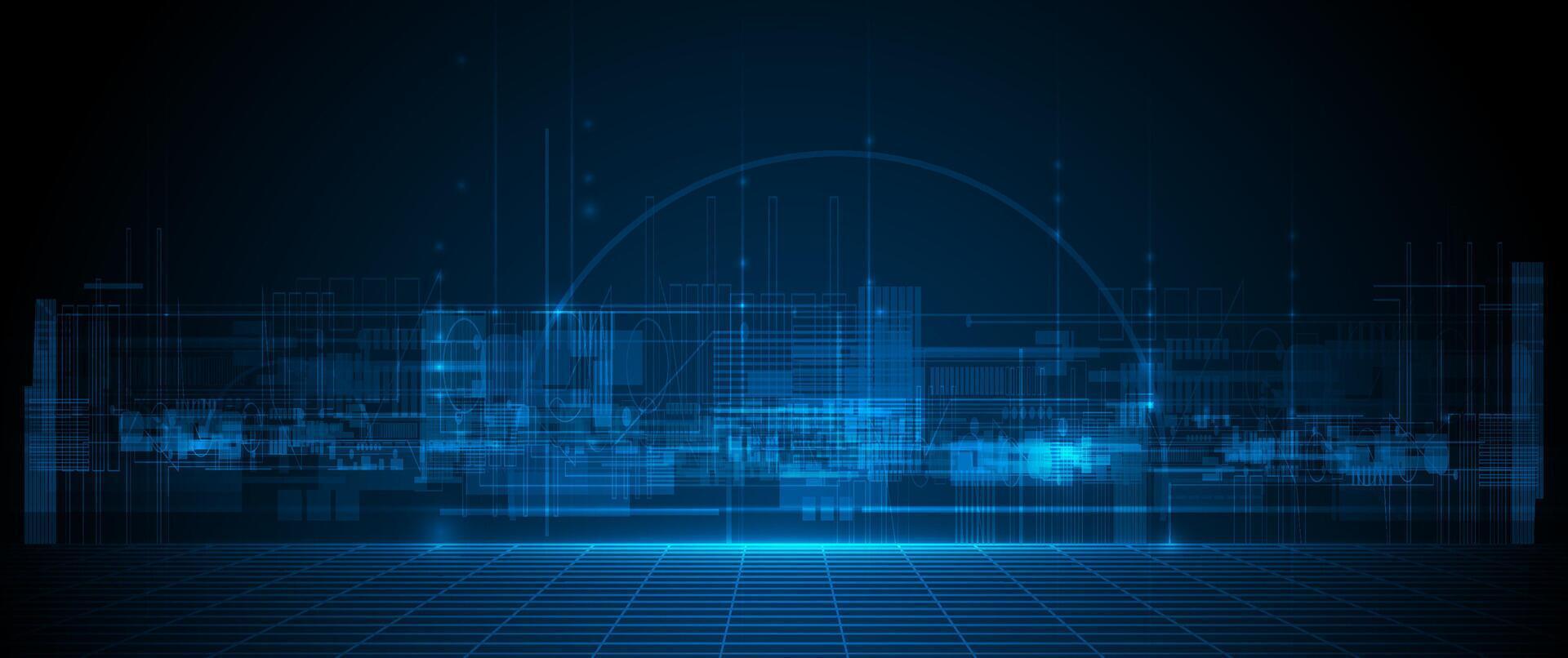 Illustration architecture, cityscape with cyber space, neon light. Modern hi-tech,futuristic technology concept. Abstract digital city, innovation design for background vector