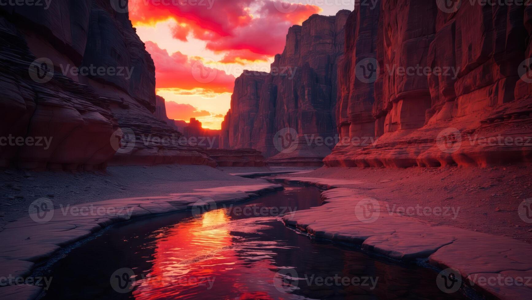 River Flows Through Canyon with Stunning Red Sunset Reflection photo