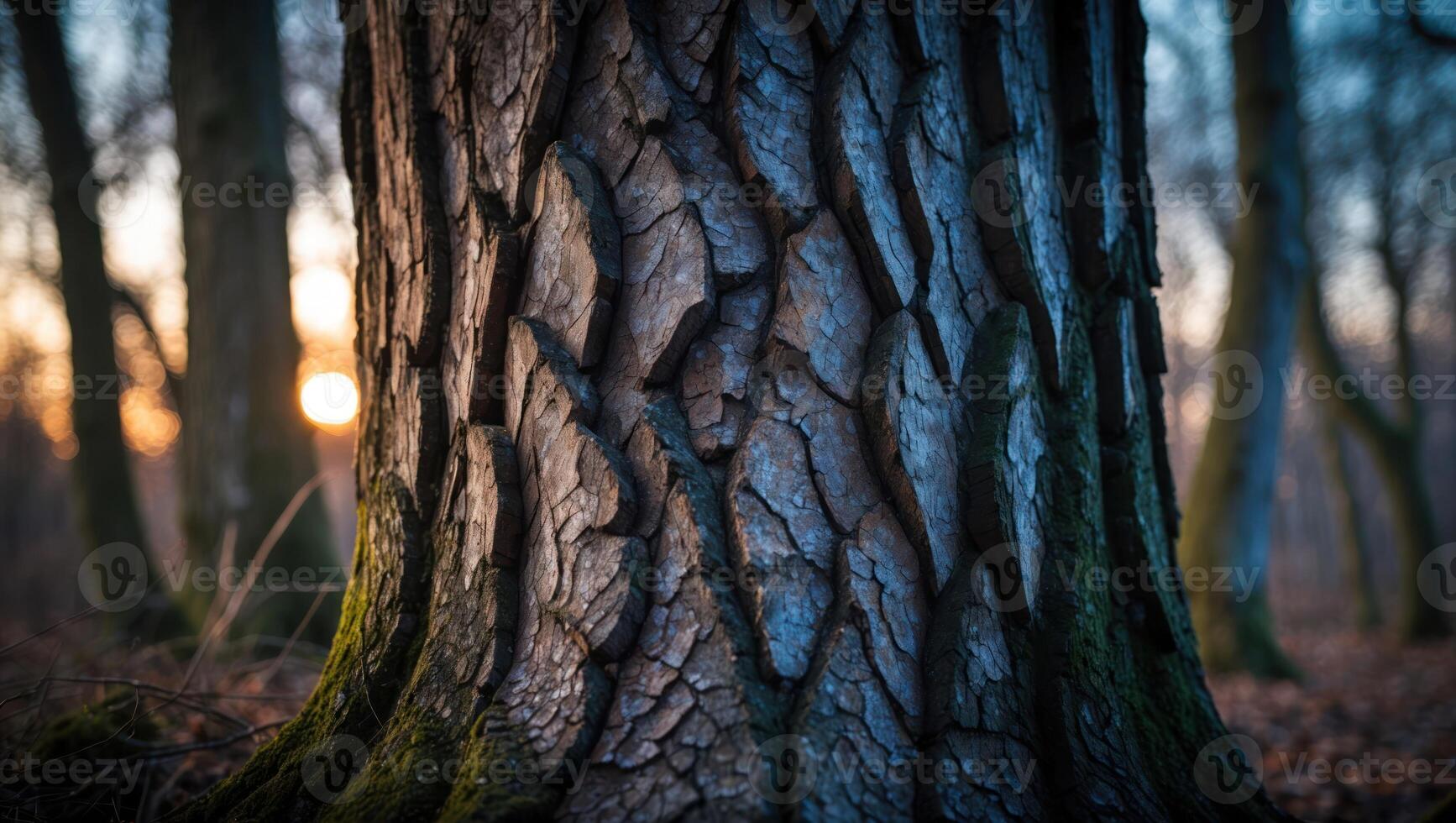 Tree Trunk Close-up at Sunset with Moss and Textured Bark Details photo