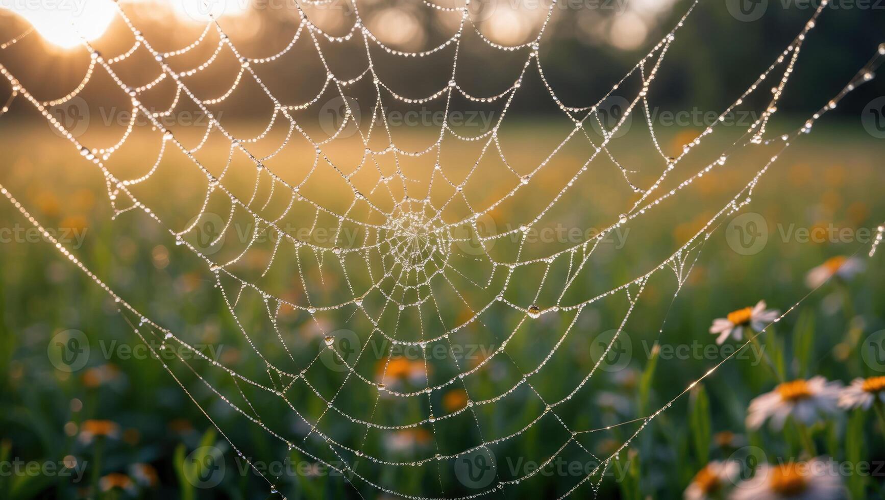 Spiderweb Covered in Dew Drops Shines in a Meadow at Sunrise photo