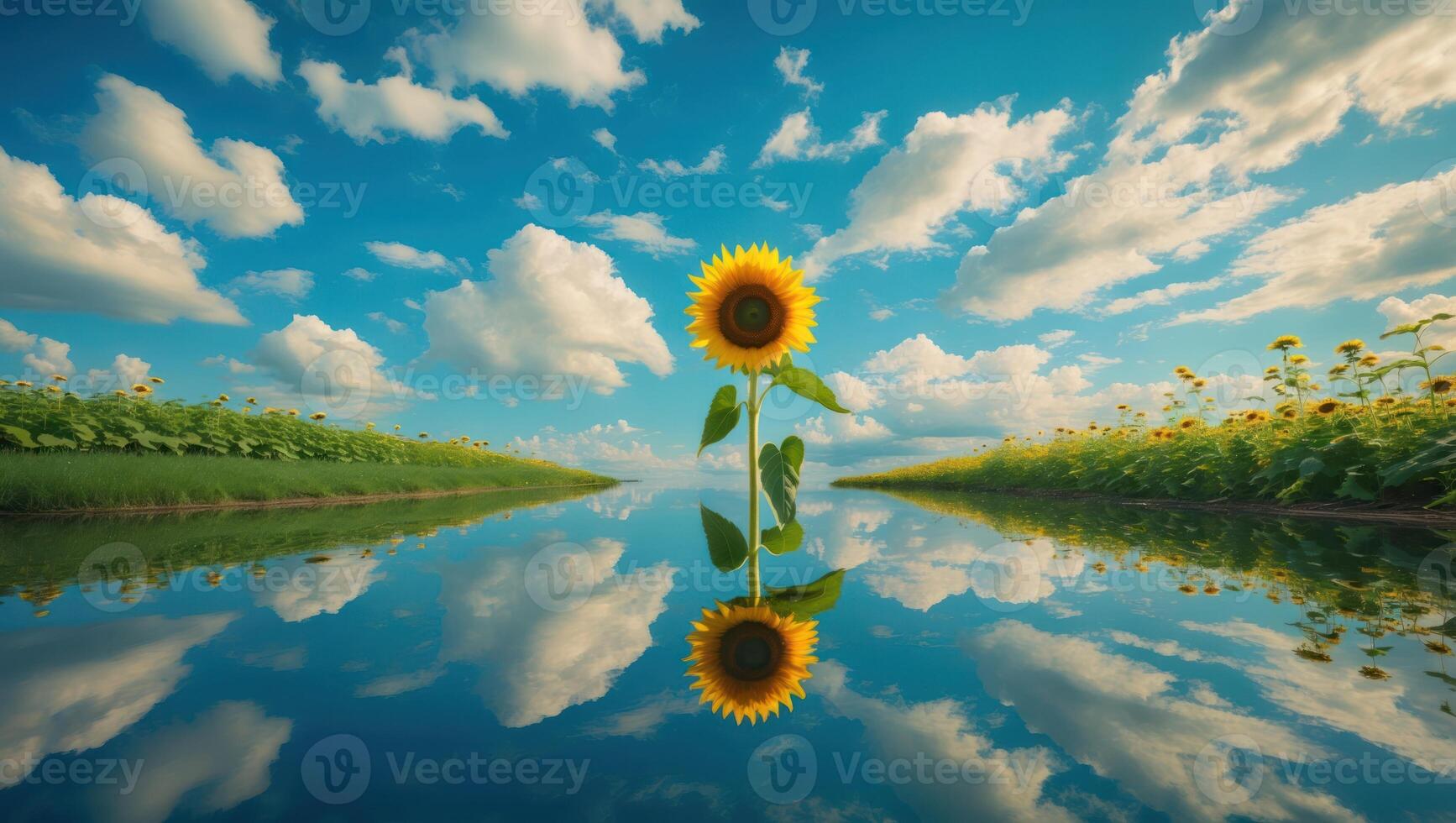 Standing Sunflower Reflects on Water Under a Cloudy Blue Sky photo