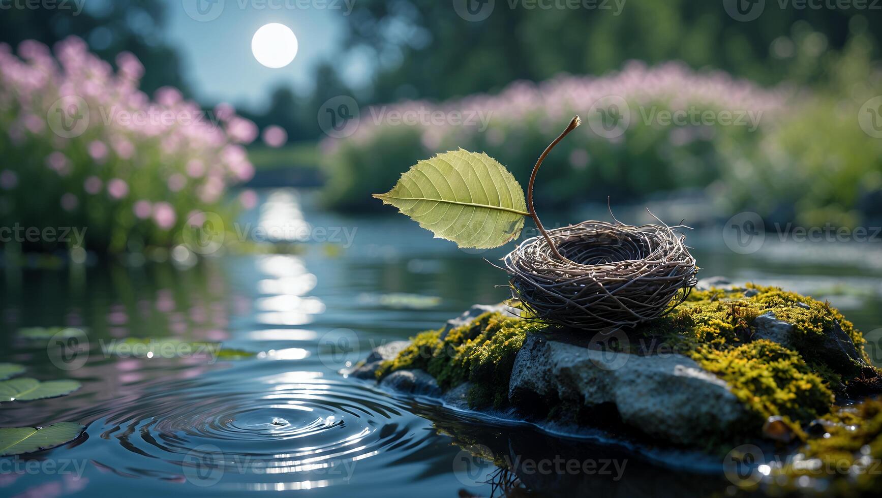 Nest with Leaf in Pond photo