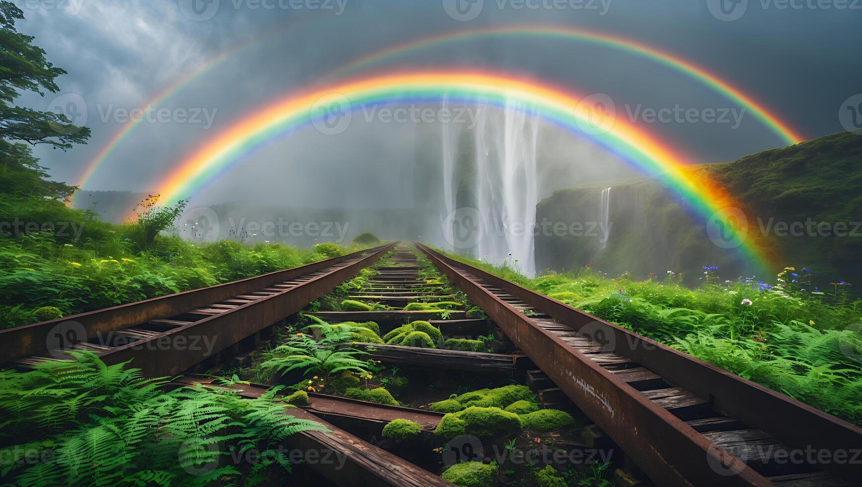 Waterfall and Rainbow Over Railroad Tracks photo